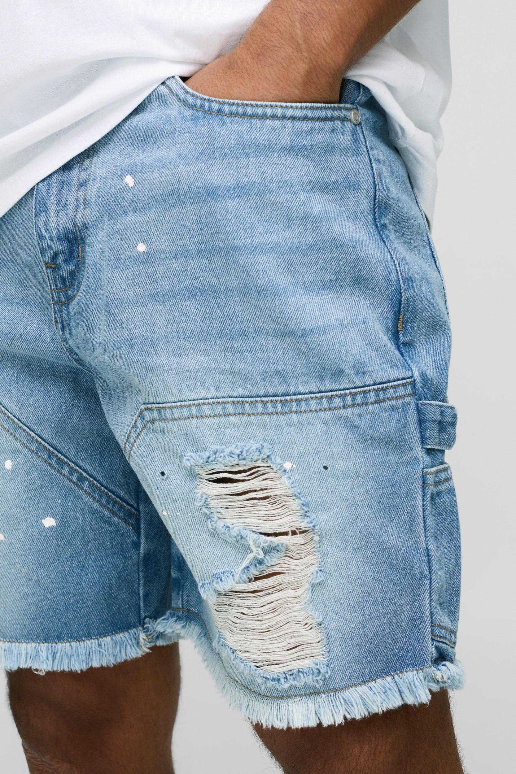 Relaxed Fit Ripped Paint Splatter Carpenter Denim Shorts | boohooMAN USA Product Image