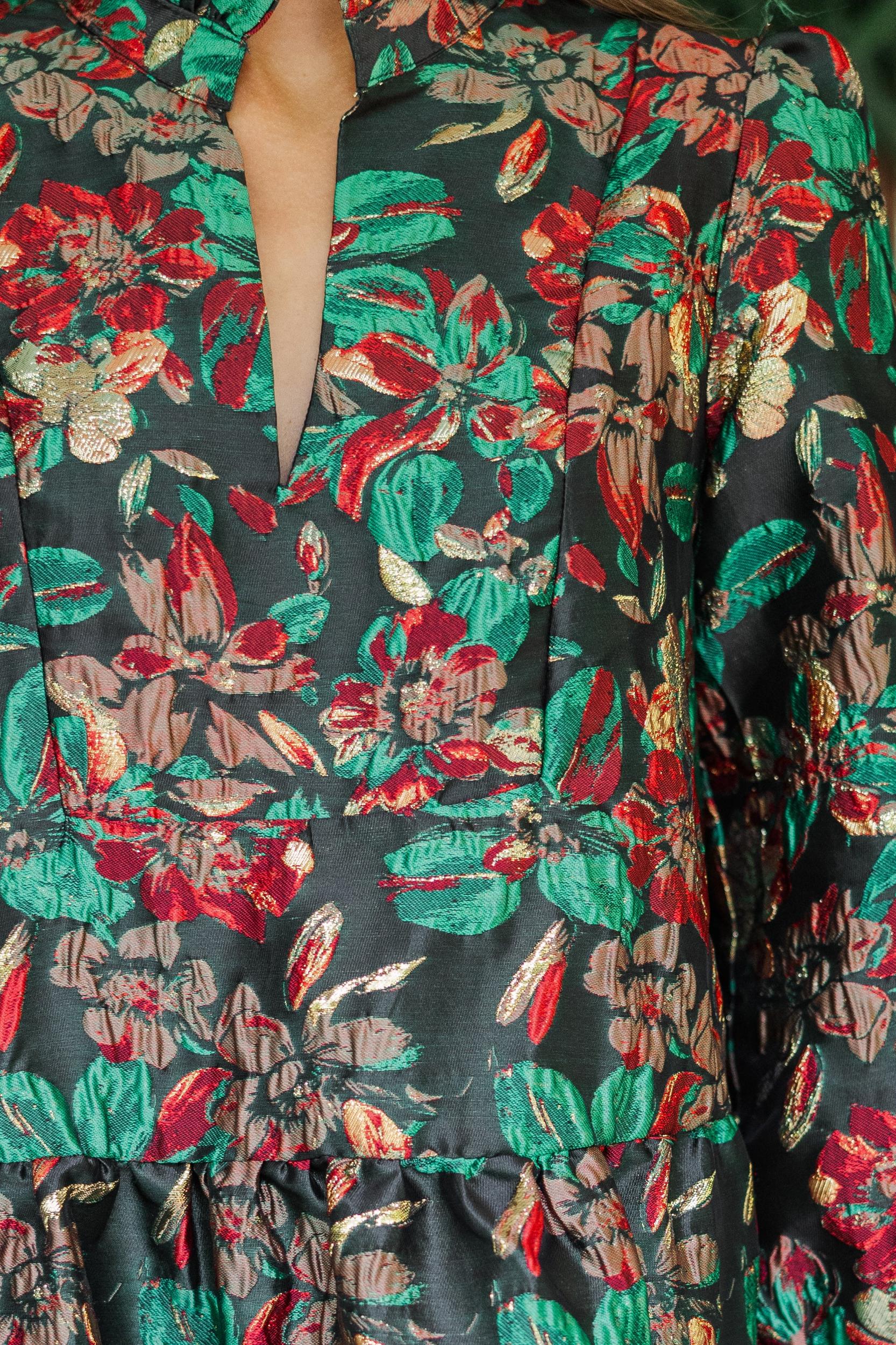 Just A Feeling Emerald Green Floral Brocade Dress Female Product Image