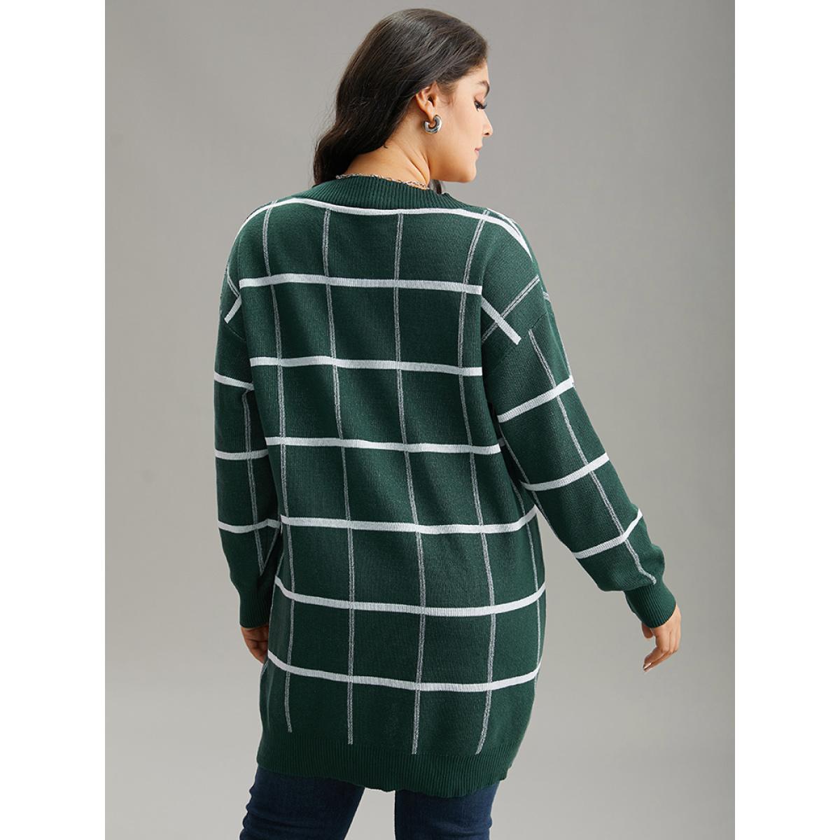 Plus Size Plaid Striped Button Through Cardigan DarkGreen Women Casual Loose Long Sleeve Everyday Cardigans BloomChic 26/4X Product Image