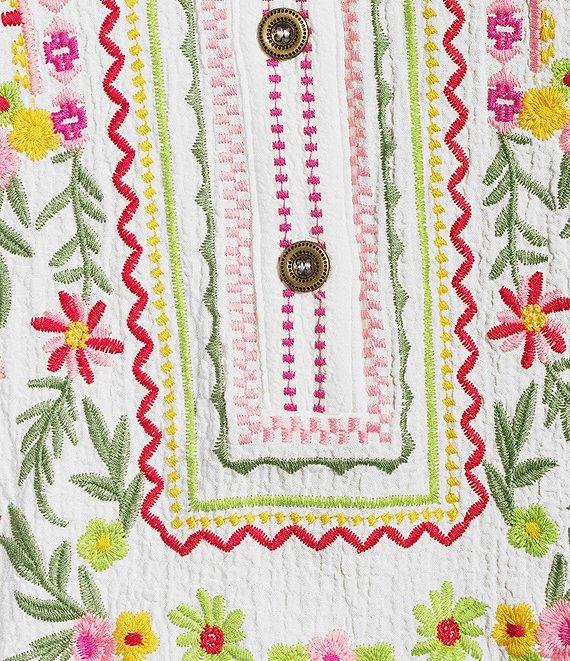 Calessa Embroidered Patchwork Split V-Neck 3/4 Sleeve Tunic Product Image