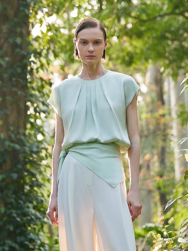 22 Momme Mulberry Silk Round Neck Ruched Women Blouse Product Image