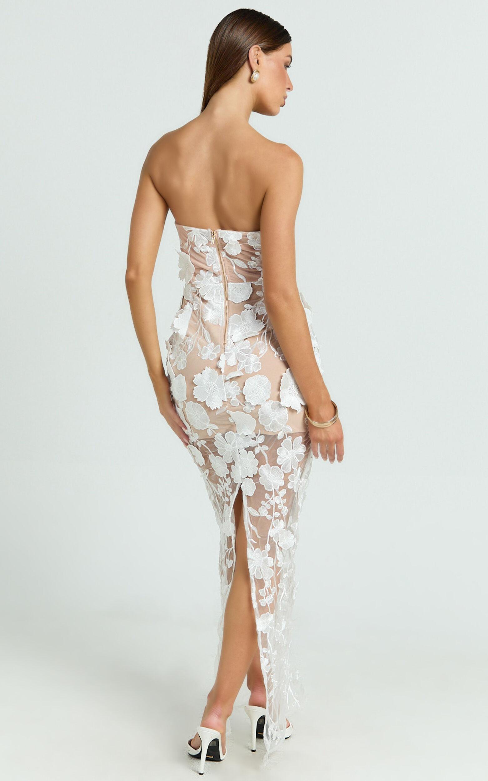 Sienna Maxi Dress - 3D Floral Strapless Column Dress in White Product Image