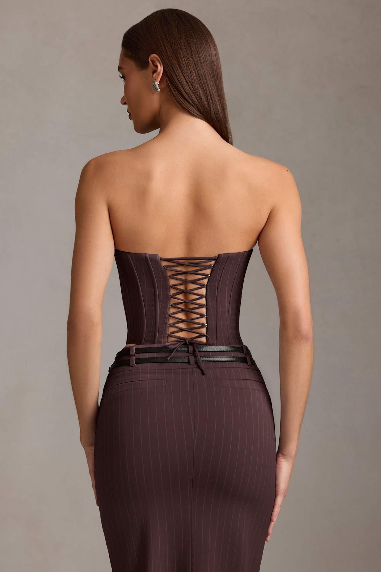 Pinstripe Lace-Up Corset Top in Chocolate Brown Product Image