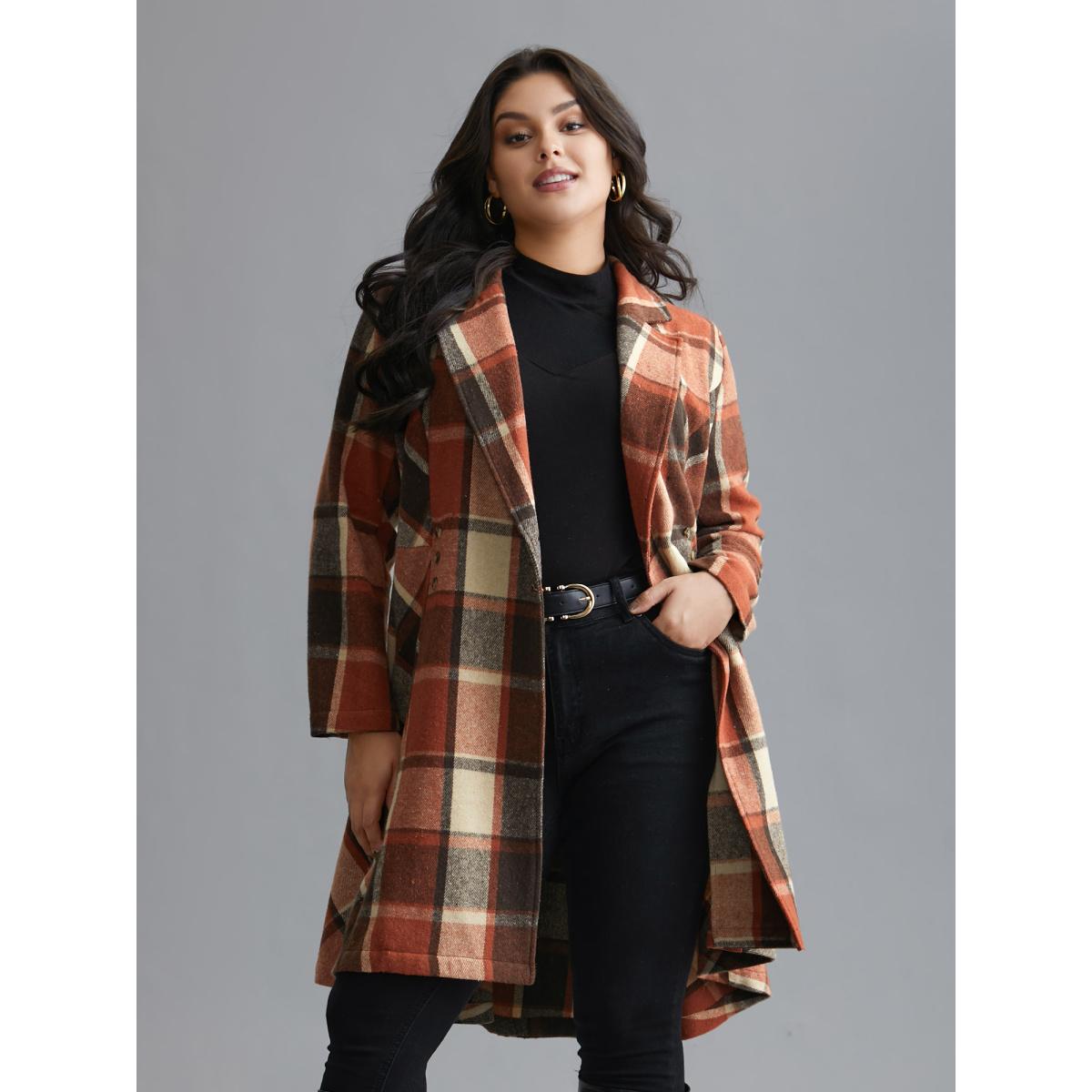 Plus Size Plaid Lapel Collar Waist Button Coat Women Yellowishbrown Elegant Button Ladies Everyday Winter Coats BloomChic 10/M Product Image