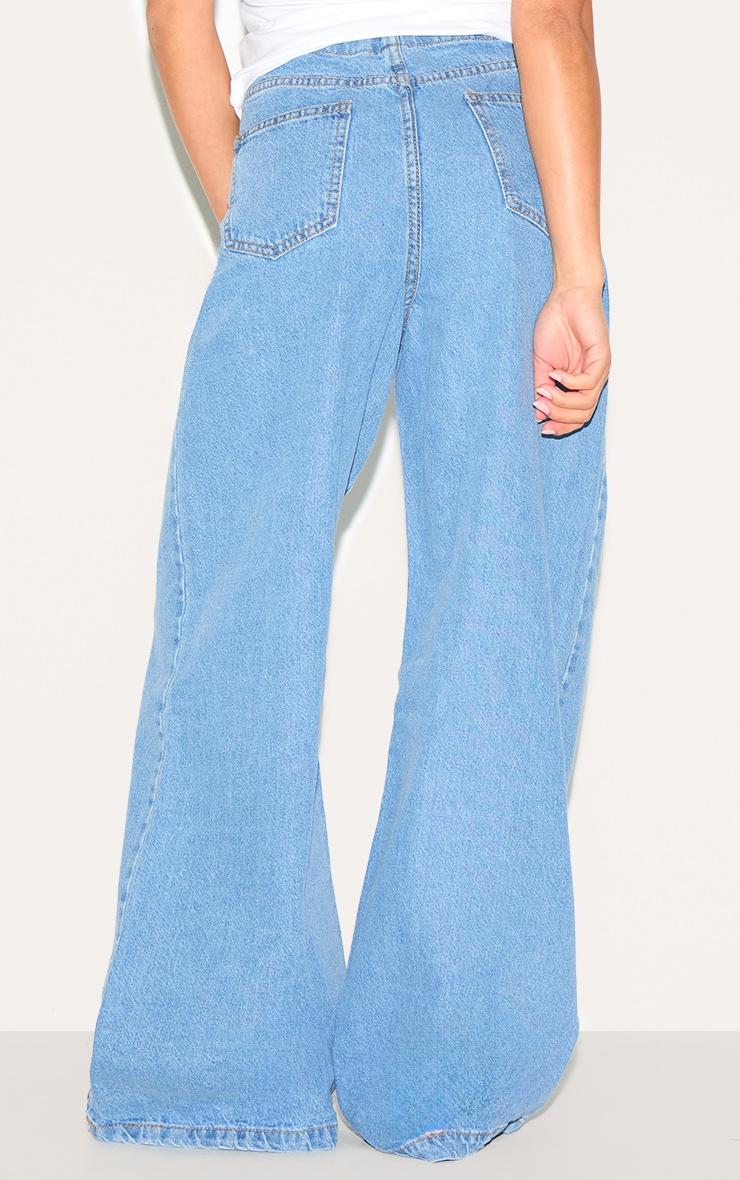 Petite Mid Blue Wash Low Rise Tie Waistband Wide Leg Jeans Product Image