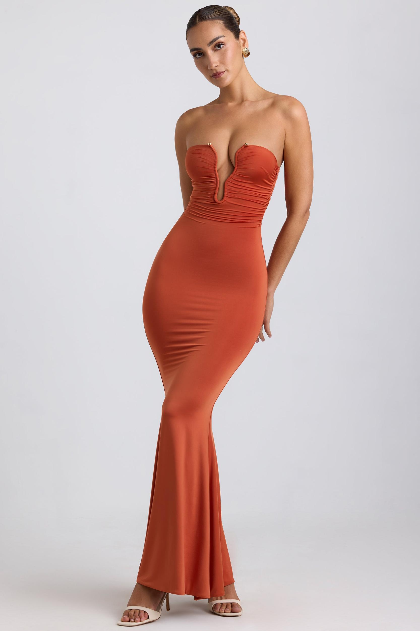 Slinky Jersey Hardware Detail Strapless Maxi Dress in Burnt Orange Product Image