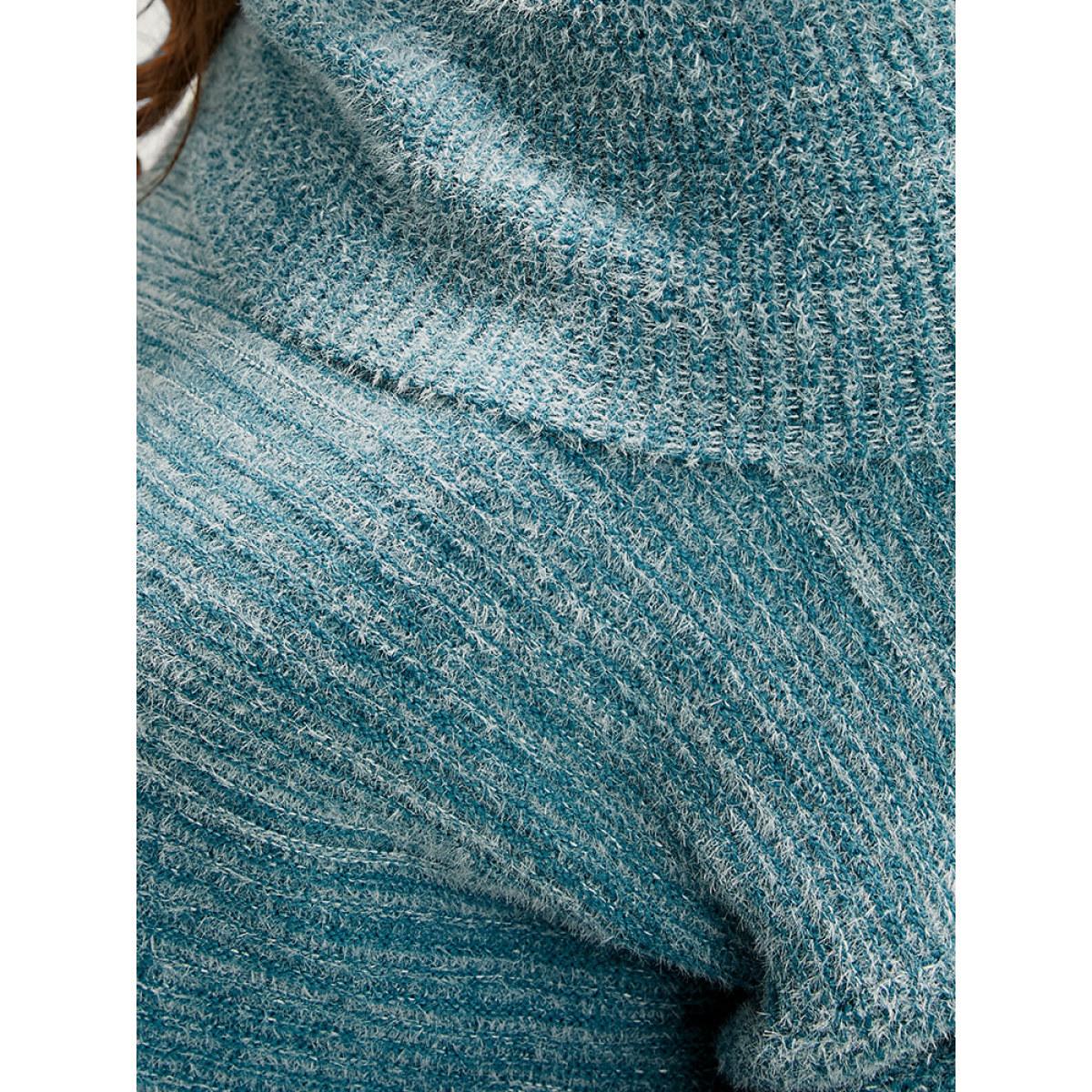 Plus Size Solid Pointelle Knit Split Hem Funnel Neck Fluffy Knit Top Aegean Women Elegant Oversized Long Sleeve Lapel Collar Dailywear Pullovers BloomChic 14-16/1X Product Image