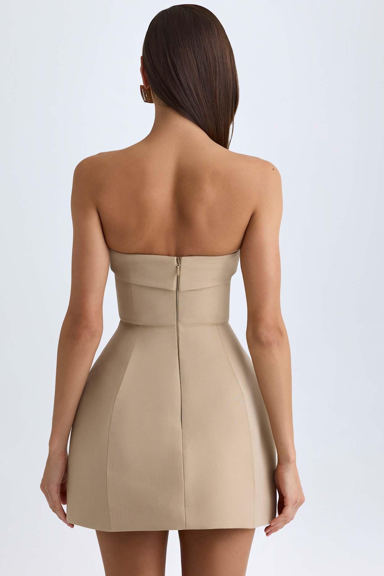 Foldover-Neck Structured Tulip Mini Dress in Camel Product Image