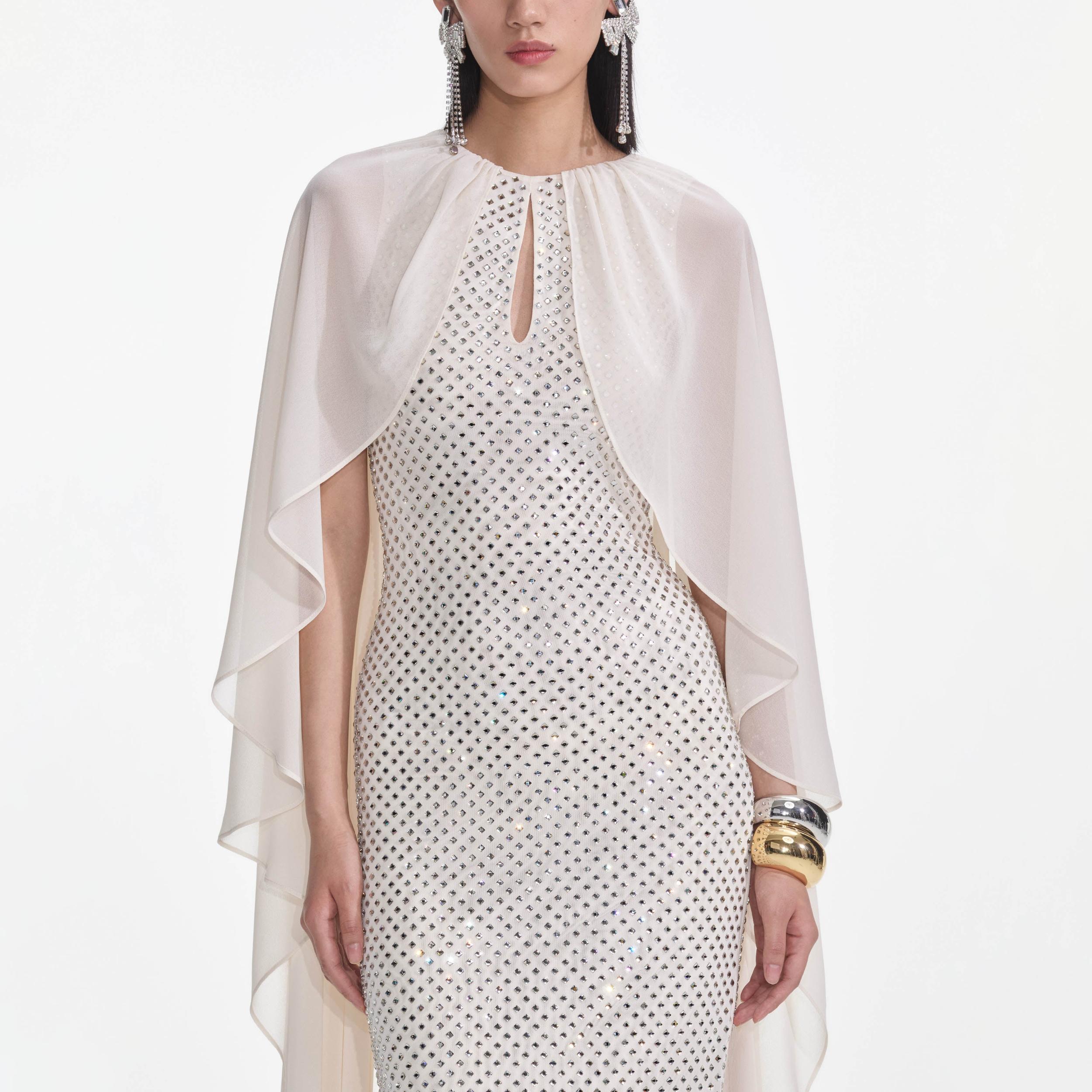Cream Rhinestone Cape Maxi Dress Product Image