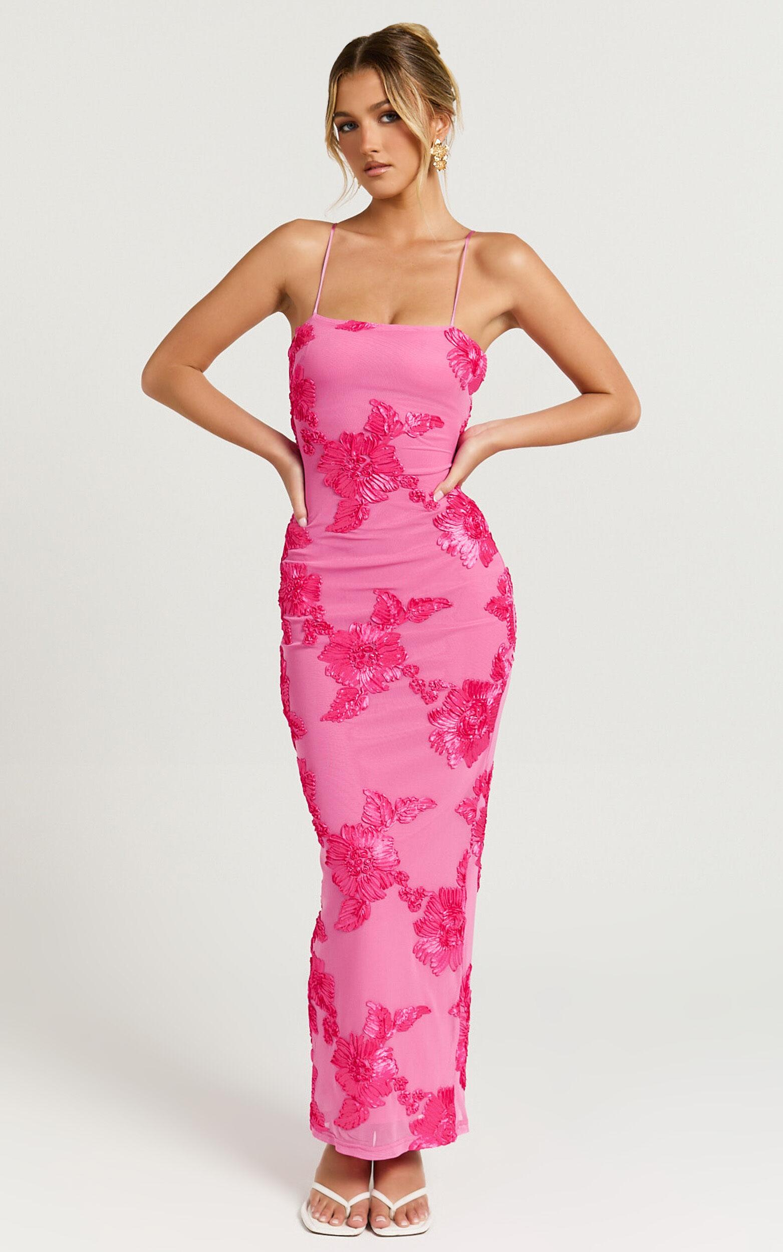 Mina Midi Dress - Embroidered Mesh Dress in Pink Product Image