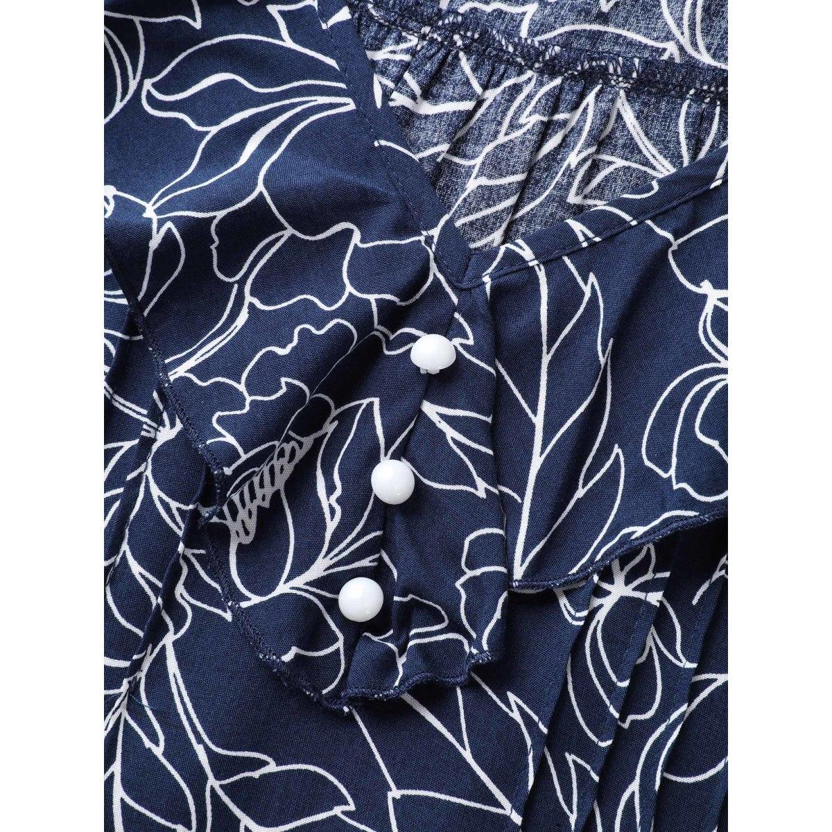 Plus Size DarkBlue Floral Abstract Print Ruffled Blouse Women Timeless Short sleeve V-neck Elegant Blouses BloomChic 30/6X Product Image