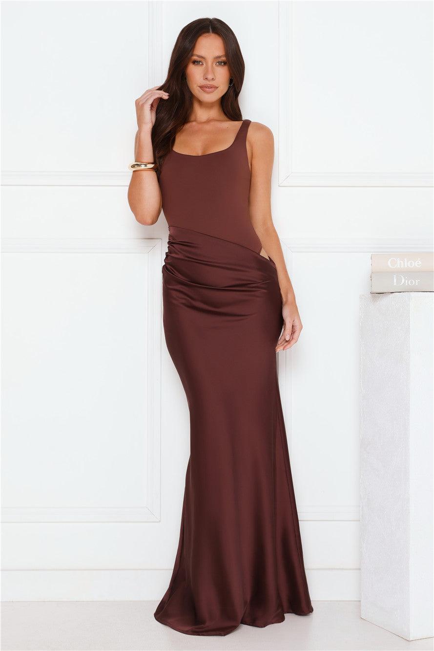 Effortlessly Yours Satin Maxi Dress Chocolate Product Image