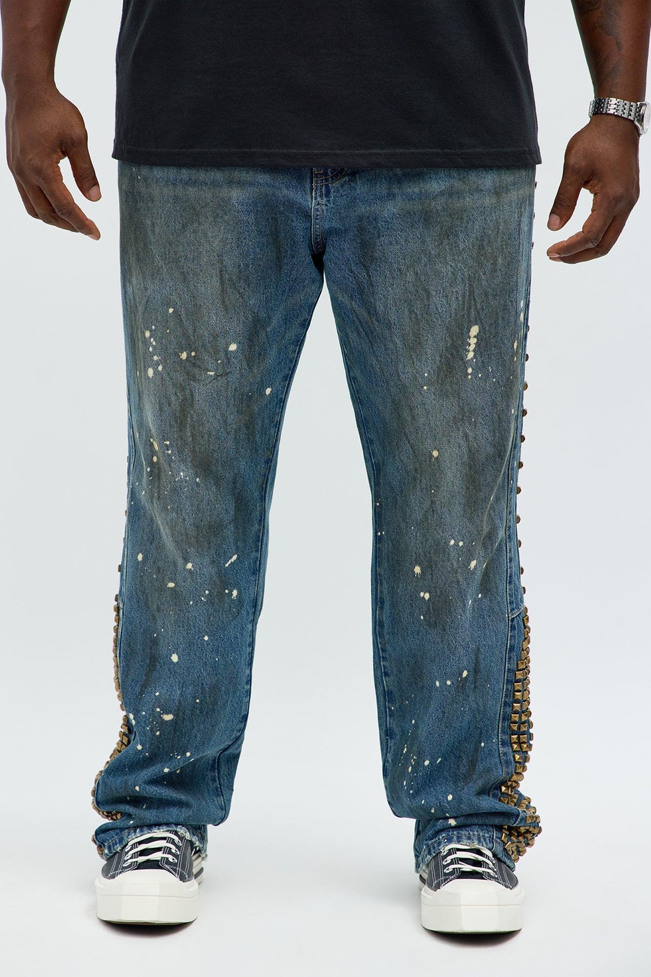 Slim Flare Put Me On Distressed Studded Jeans - Medium Blue Wash Male Product Image