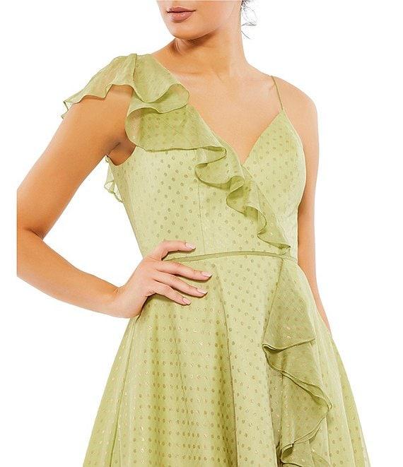 Mac Duggal V-Neck Ruffled Faux Wrap Hi Low Midi Dress Product Image