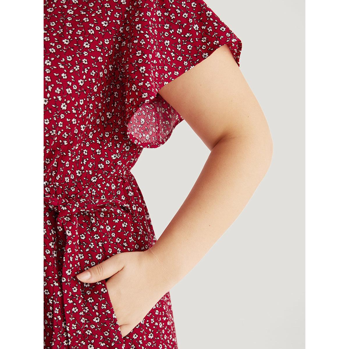 Plus Size Ditsy Floral Overlap Collar Bowknot Flutter Hem Dress Crimson Women Office Wrap V-neck Short sleeve Curvy Midi Dress BloomChic 28/5X Product Image
