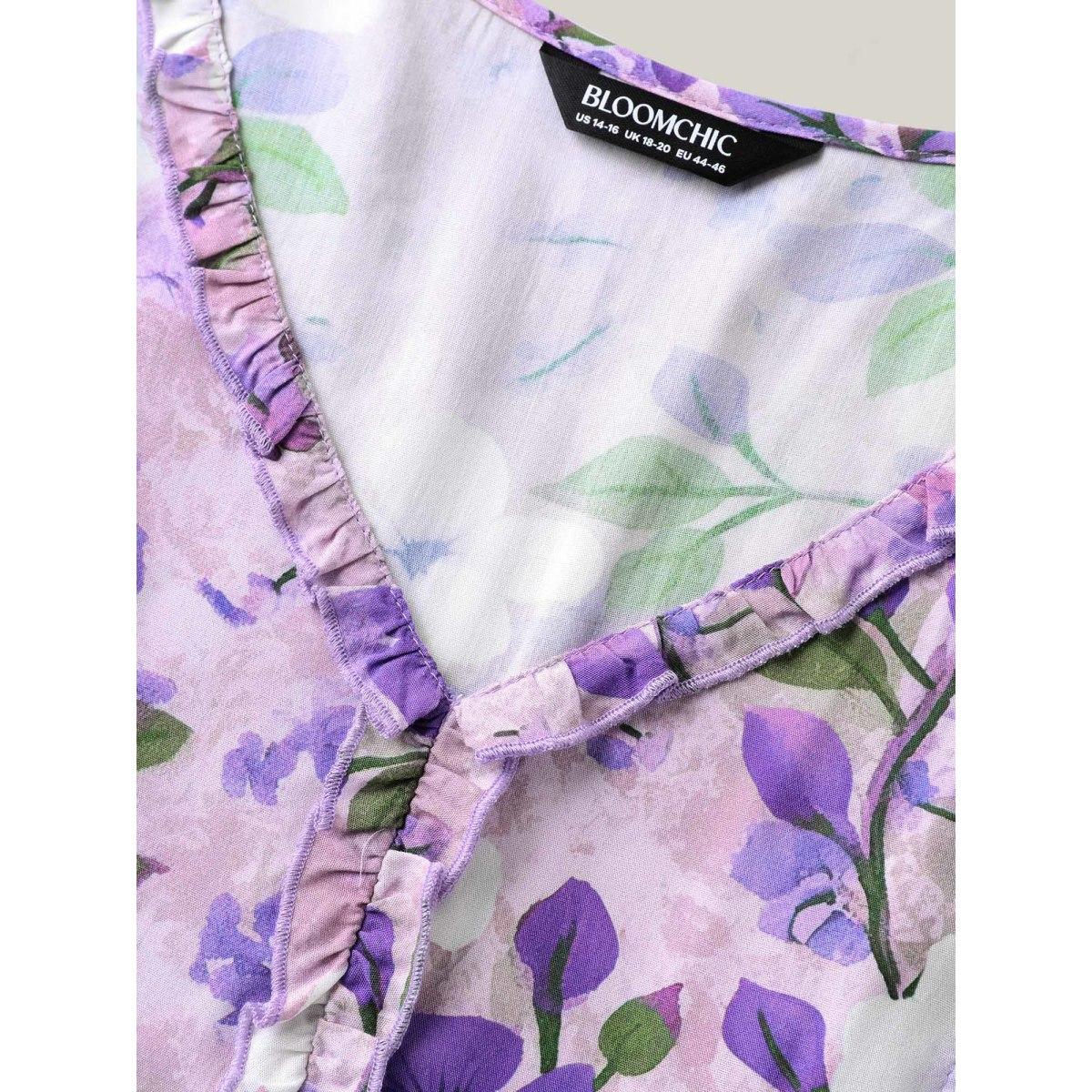 Plus Size Floral Print Ruffled Neck Pockets Midi Dress Lilac Women Romantic V-neck Short sleeve Curvy BloomChic 28/5X Product Image