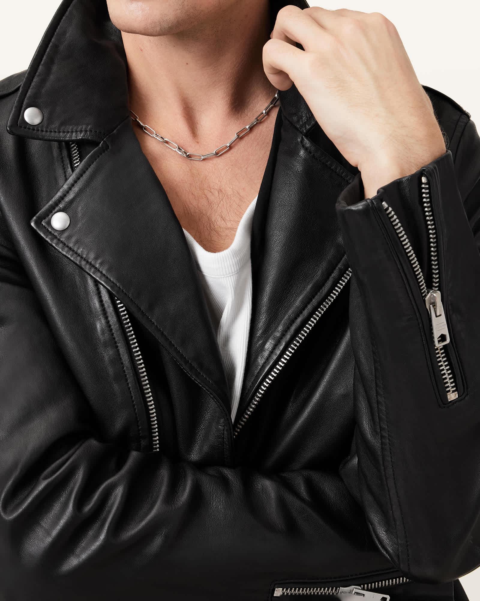 Milo Asymmetric Zip Leather Biker Jacket Black | ALLSAINTS US Product Image