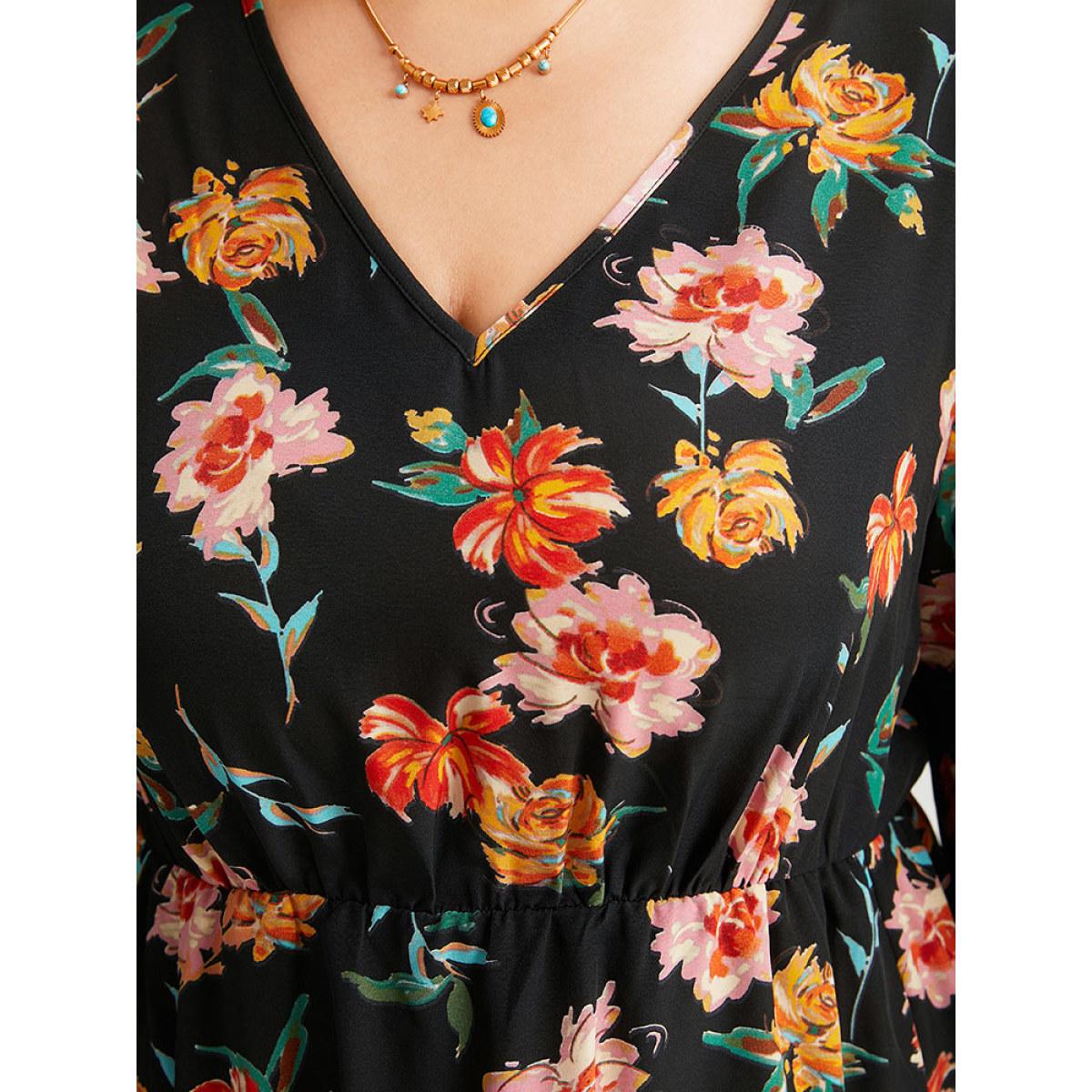 Plus Size Floral Bell Sleeve Pocket Lace Panel Dress Black Women Vacation Printed V-neck Elbow-length sleeve Curvy Midi Dress BloomChic 14-16/1X Product Image