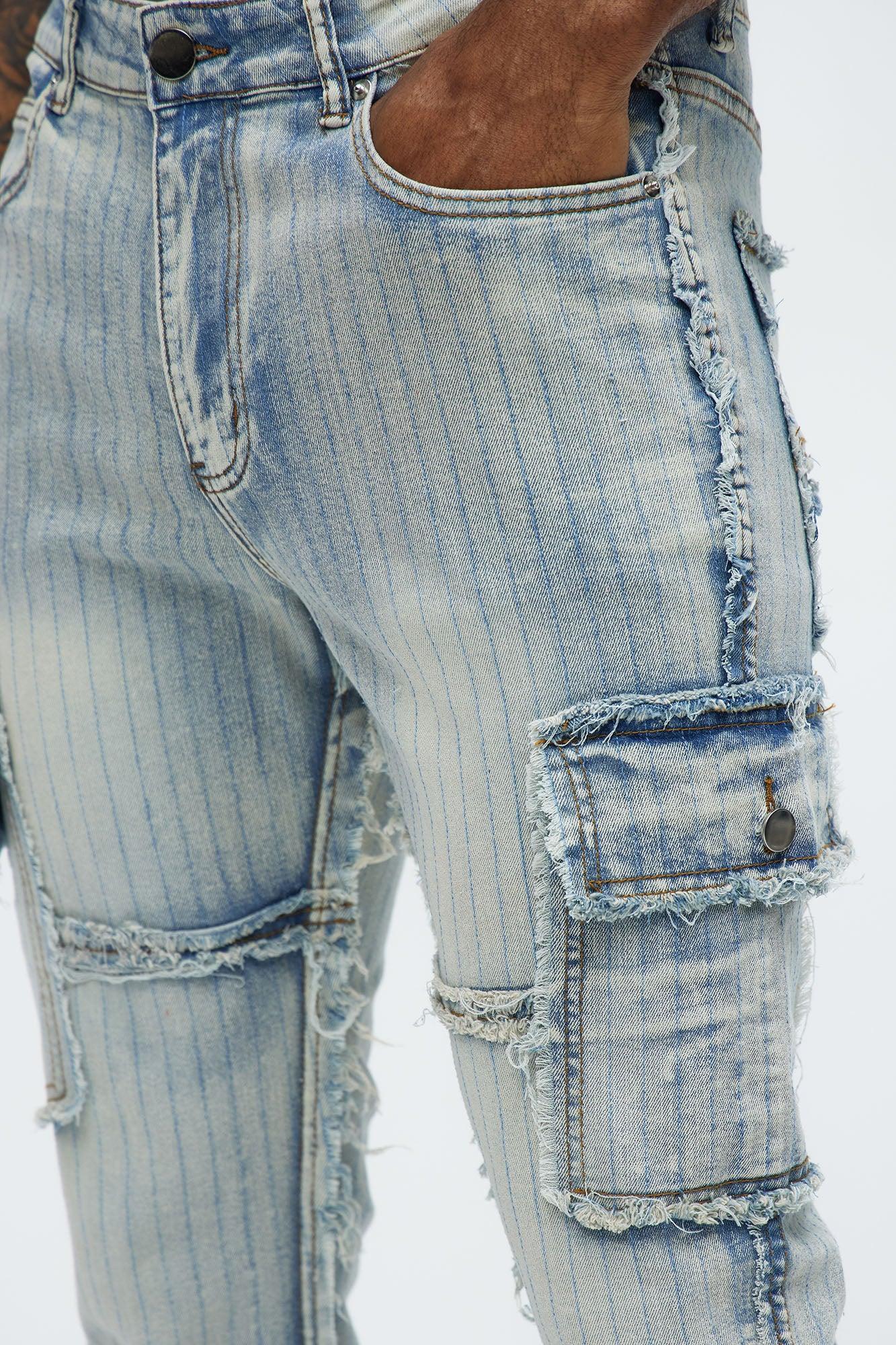Stitched Down Cargo Stacked Skinny Flare Jeans - Light Wash Product Image