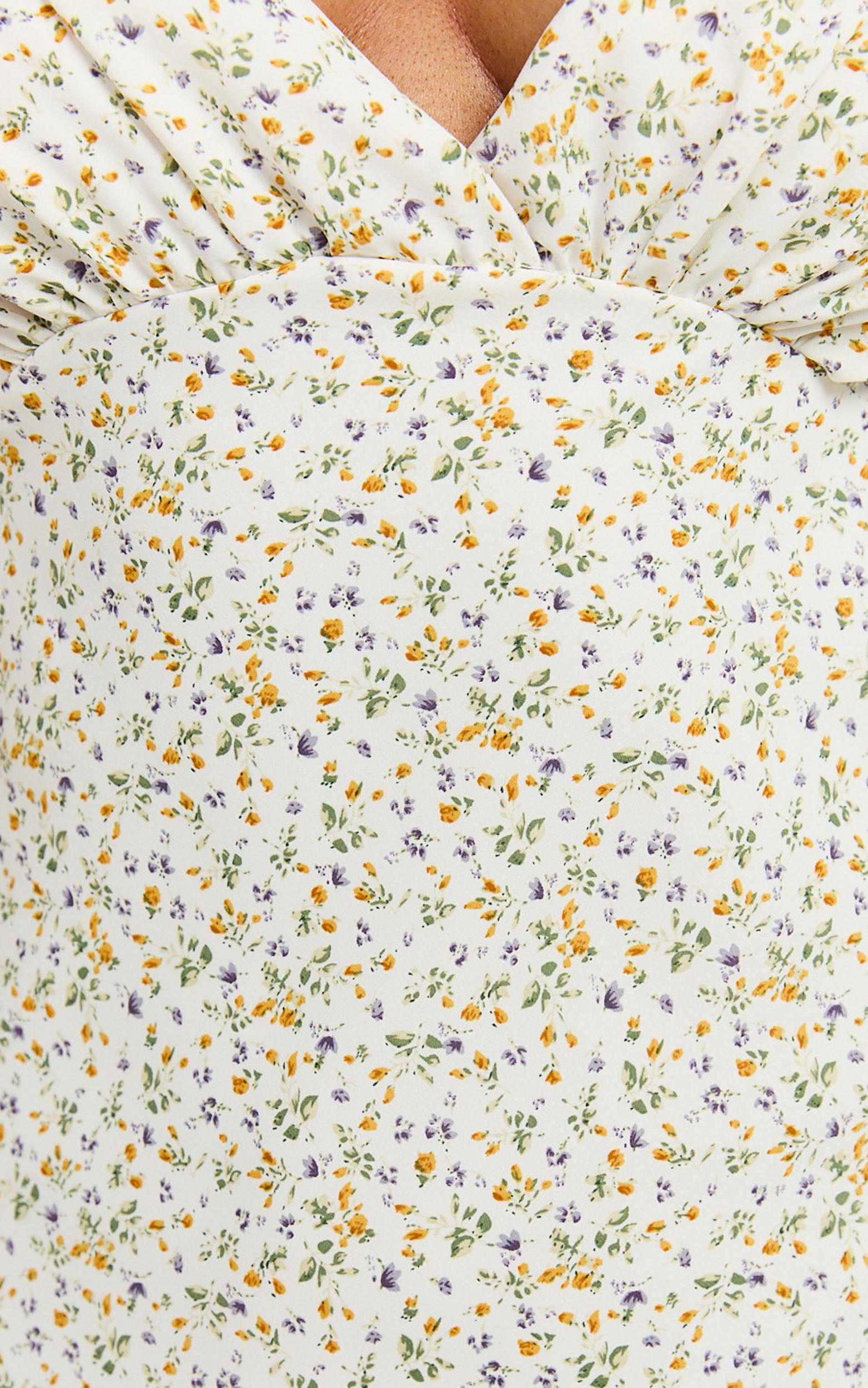 Amalea Mini Dress - Wide Strap Ruched Bust Dress in Blue & Yellow Ditsy Floral Product Image