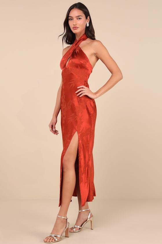 Marissa Rust Floral Jacquard Satin Halter Midi Dress Product Image