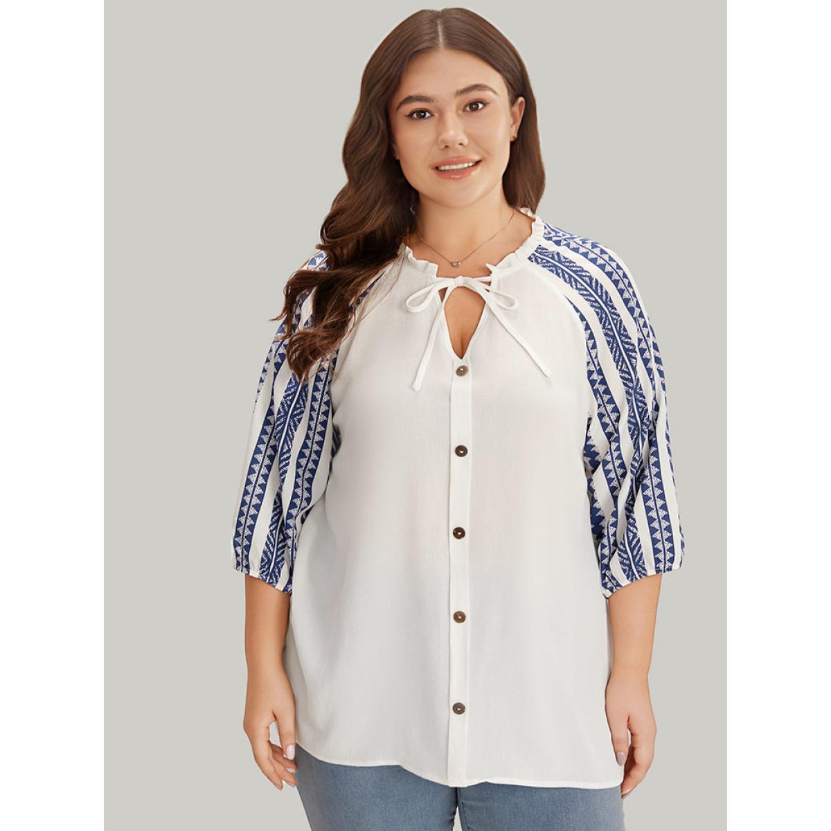 Plus Size DarkBlue Boho Print Tie Neck Patchwork Lantern Sleeve Blouse Women Vacation Elbow-length sleeve Tie Neck Dailywear Blouses BloomChic 10/M Product Image