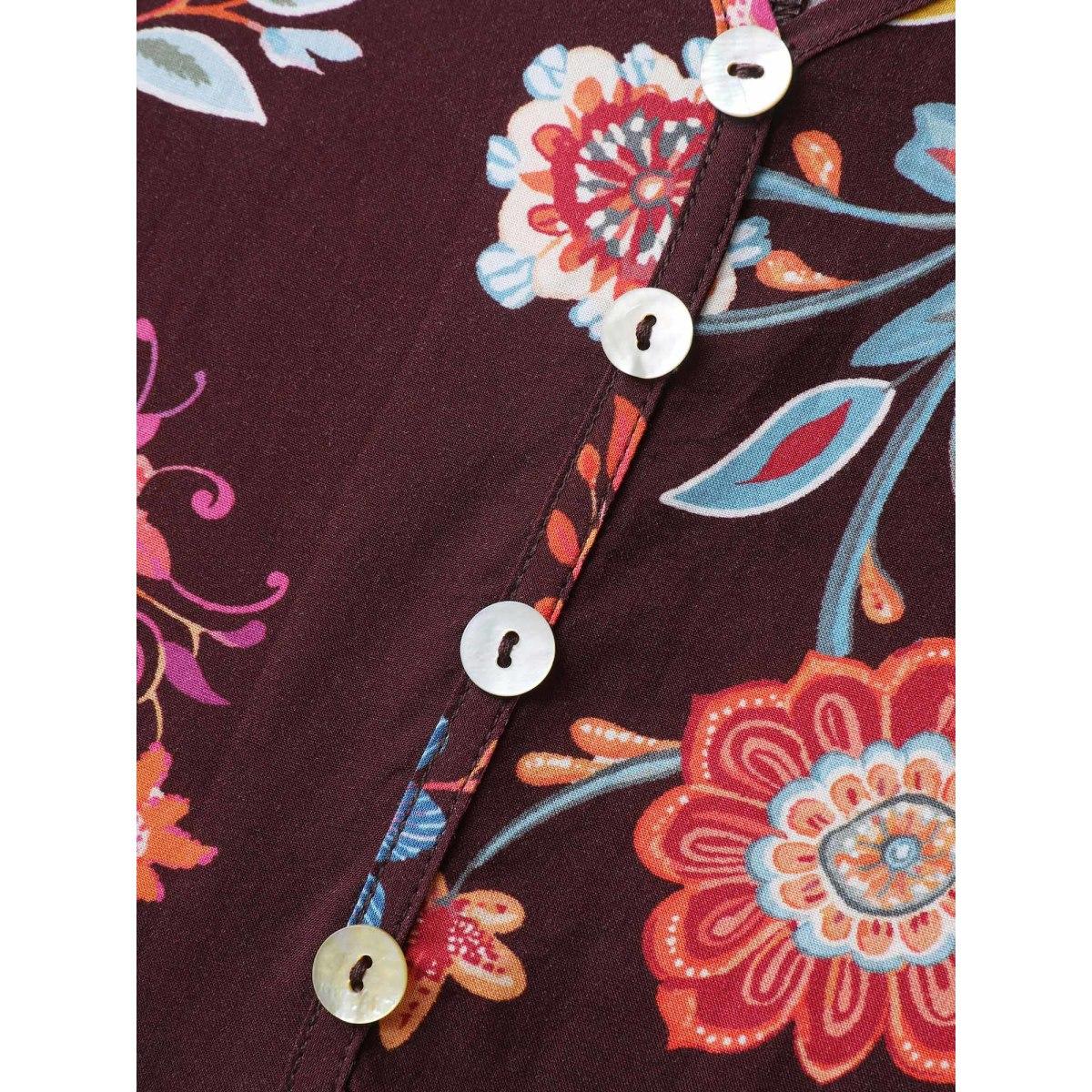 Plus Size Rayon Boho Floral Placket Midi Dress Deeppurplered Women V-neck Elbow-length sleeve Curvy BloomChic 26/4X Product Image