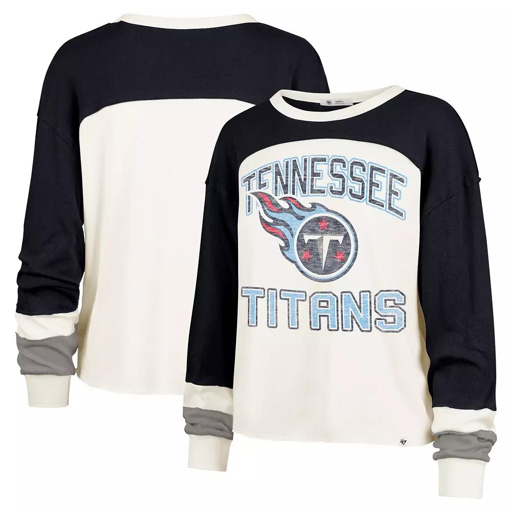 Women's '47 Cream Tennessee Titans Double Header Curve Raglan Long Sleeve Crop Top,  Product Image