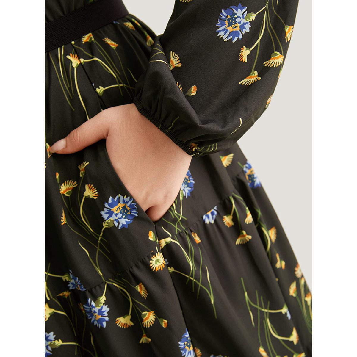 Plus Size Floral Print Ruffle Hem Elastic Cuffs Dress Black Women Elegant Elastic cuffs Square Neck Long Sleeve Curvy Midi Dress BloomChic 30/6X Product Image