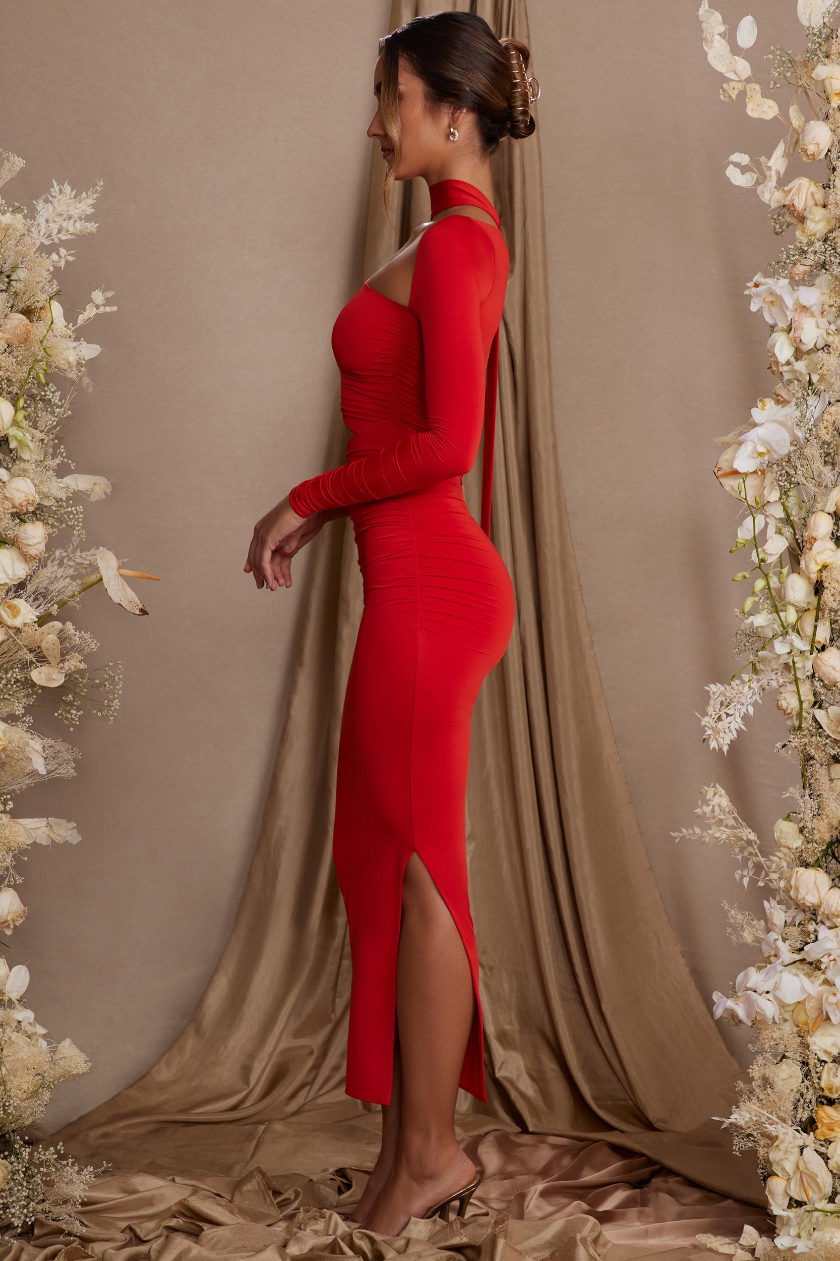 Single Sleeve Cut Out Maxi Dress in Red Product Image