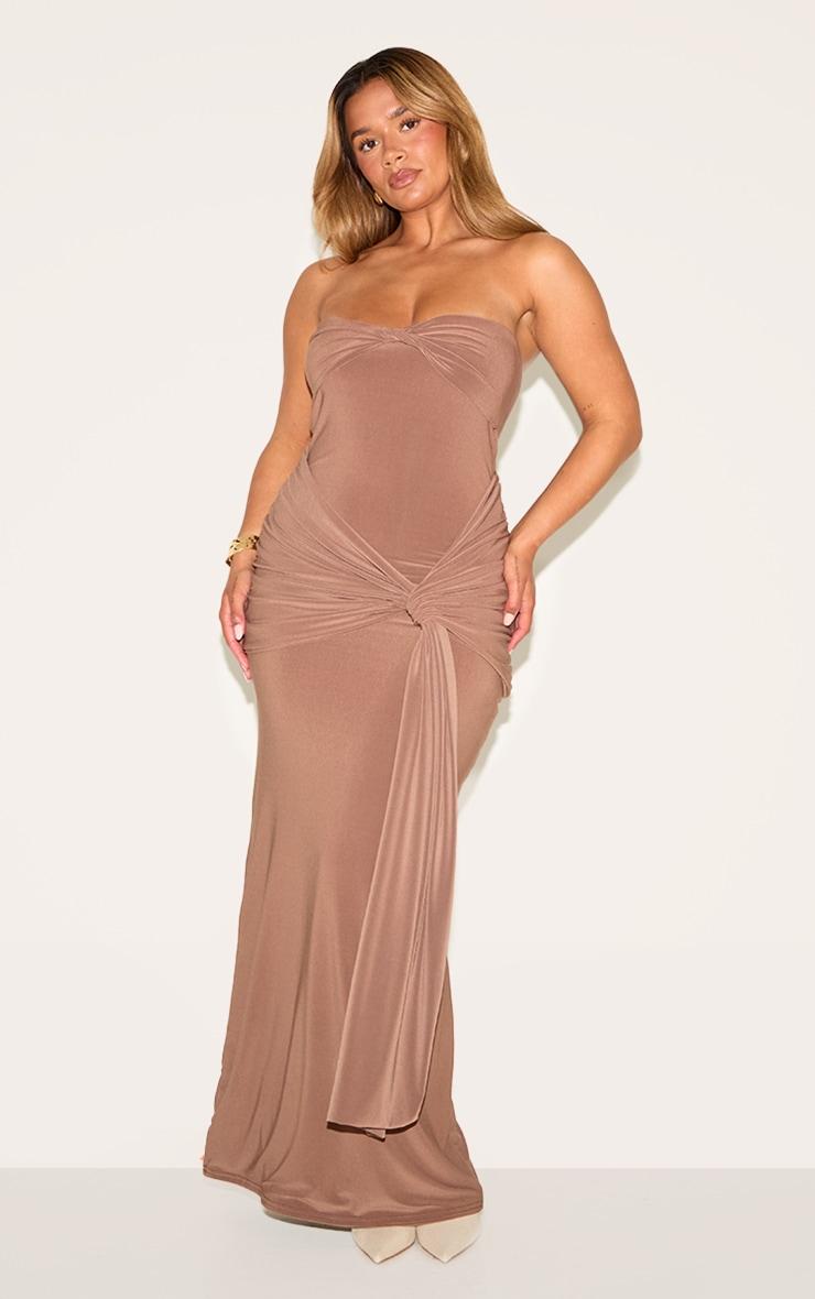 Shape Mocha Bandeau Twist Front Ruched Drape Waist Detail Maxi Dress Product Image