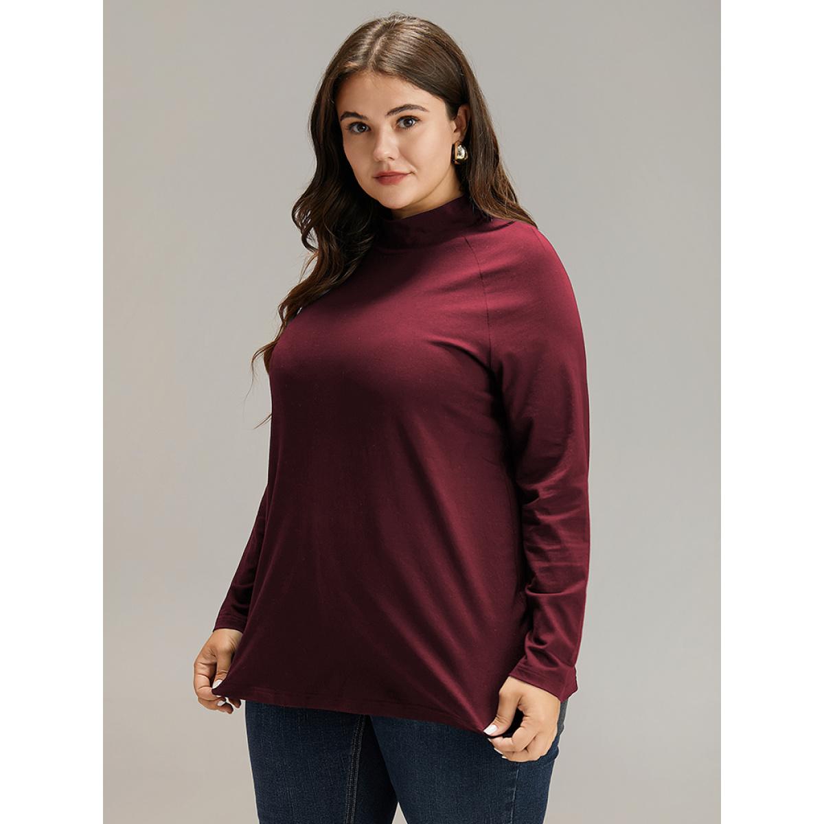 Plus Size Cotton Mock Neck Raglan Sleeve T-shirt Indigo Women Elegant Plain Plain Mock Neck Dailywear T-shirts BloomChic 28/5X Product Image