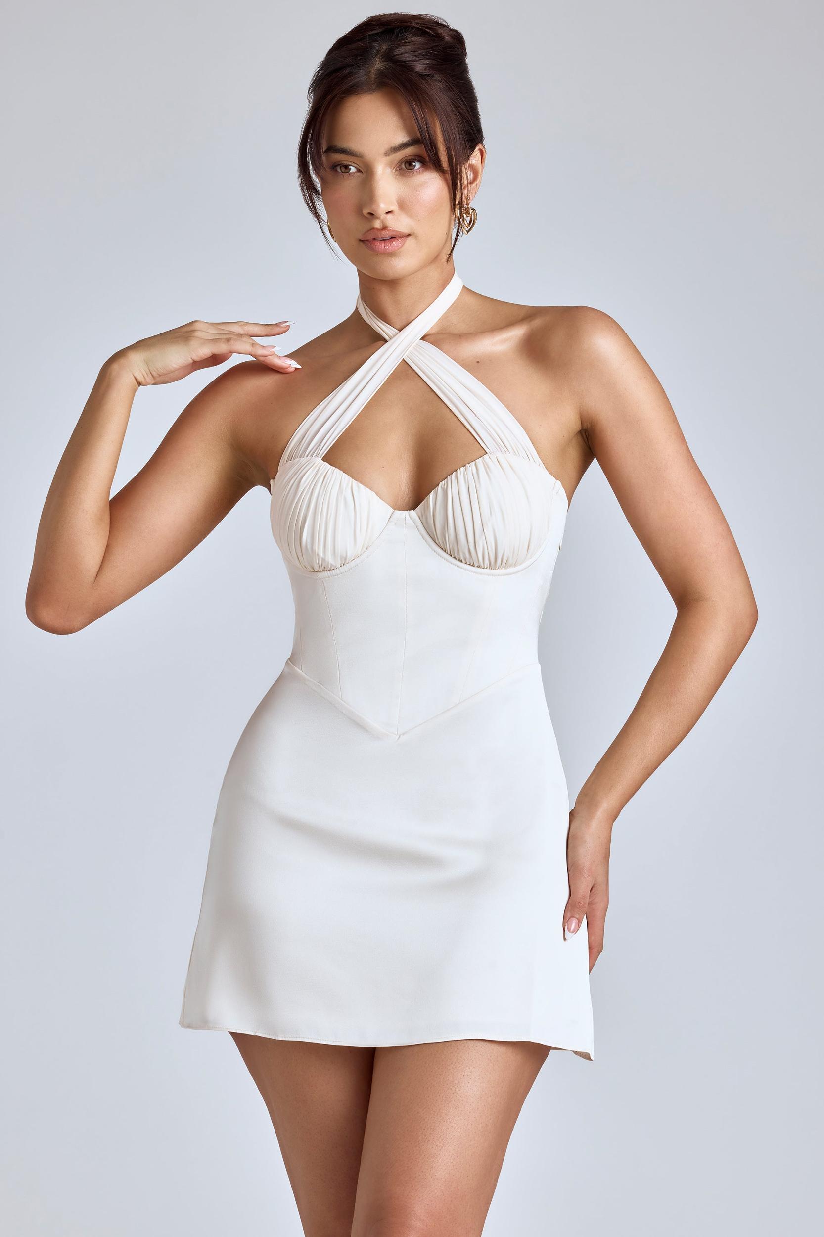 Cross-Neck A-Line Mini Dress in Ivory Product Image