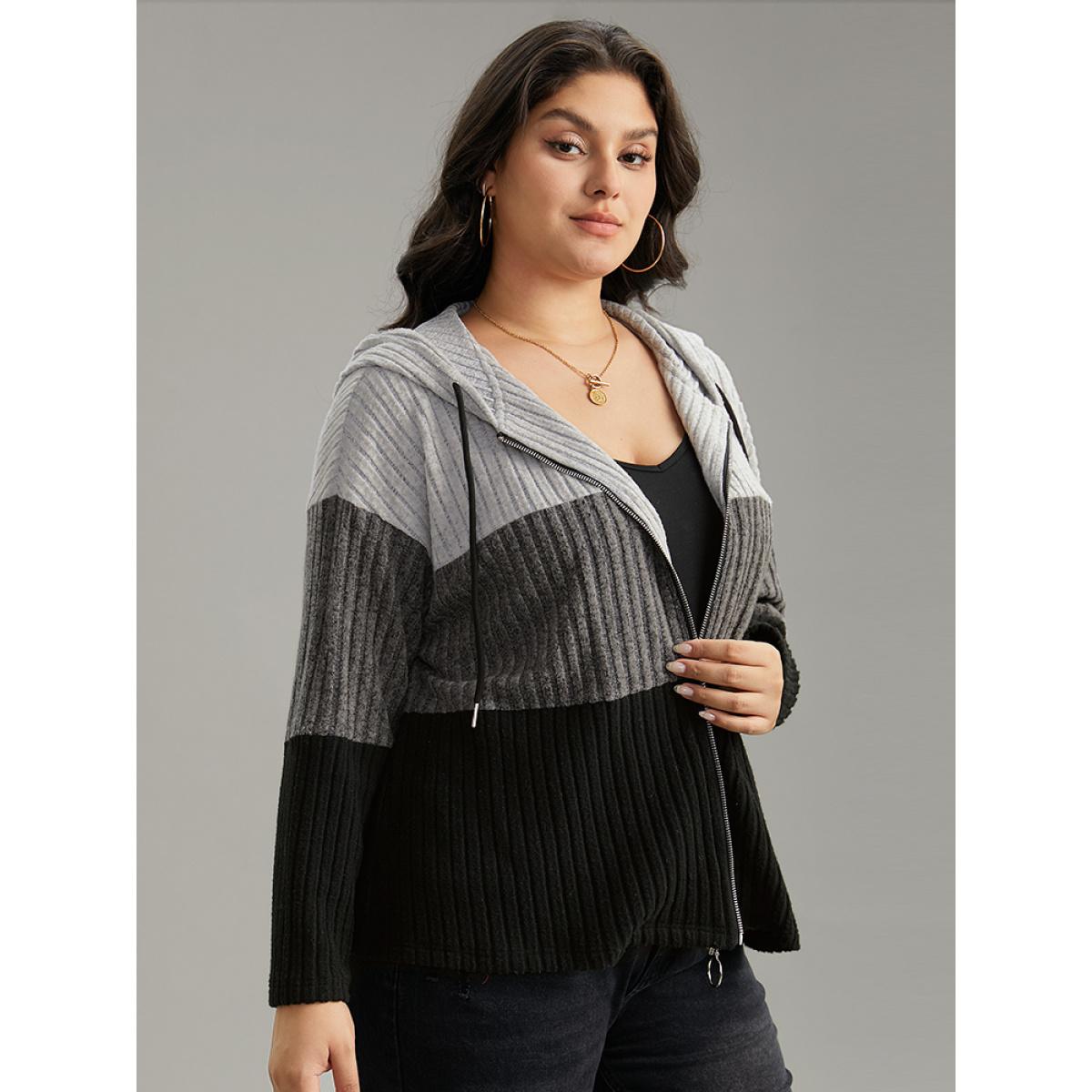 Plus Size Colorblock Contrast O Ring Zipper Jacket Women Gray Contrast Dailywear Jackets BloomChic 12/L Product Image