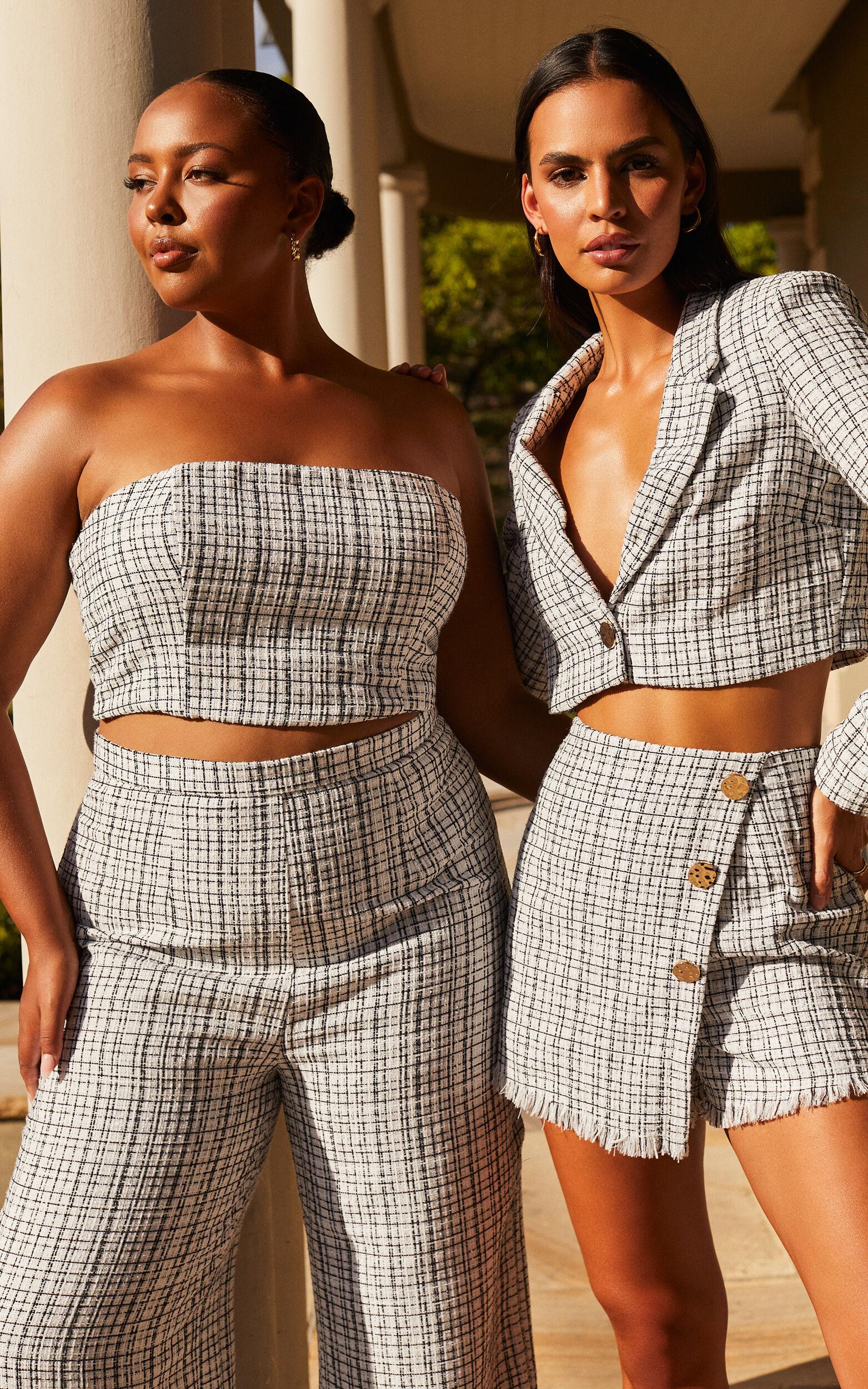 Icie Pants - High Waisted Tweed Wide Leg Pants in White & Black Product Image