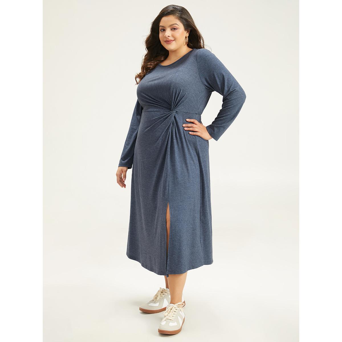 Plus Size Plain Crew Neck Twist Front Split Hem Dress Indigo Women Casual Plain Round Neck Long Sleeve Curvy Midi Dress BloomChic 30/6X Product Image