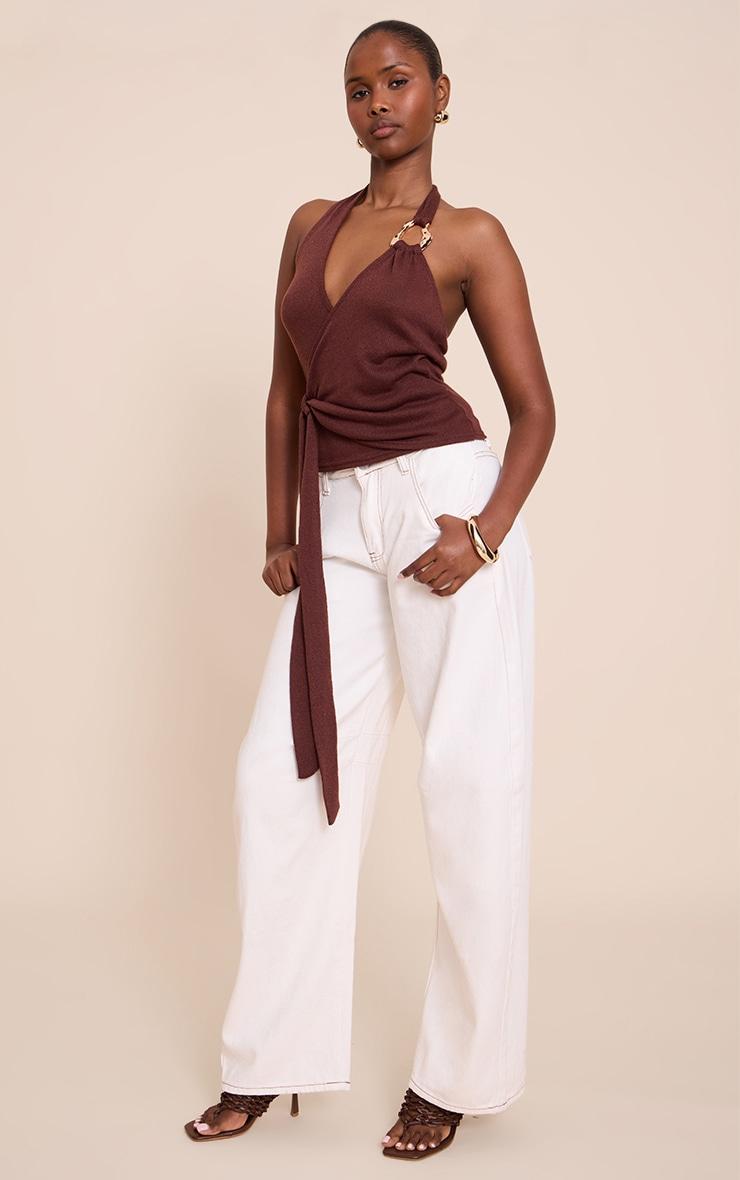 Chocolate Tie Detail Halter Neck Trim Knit Top Product Image