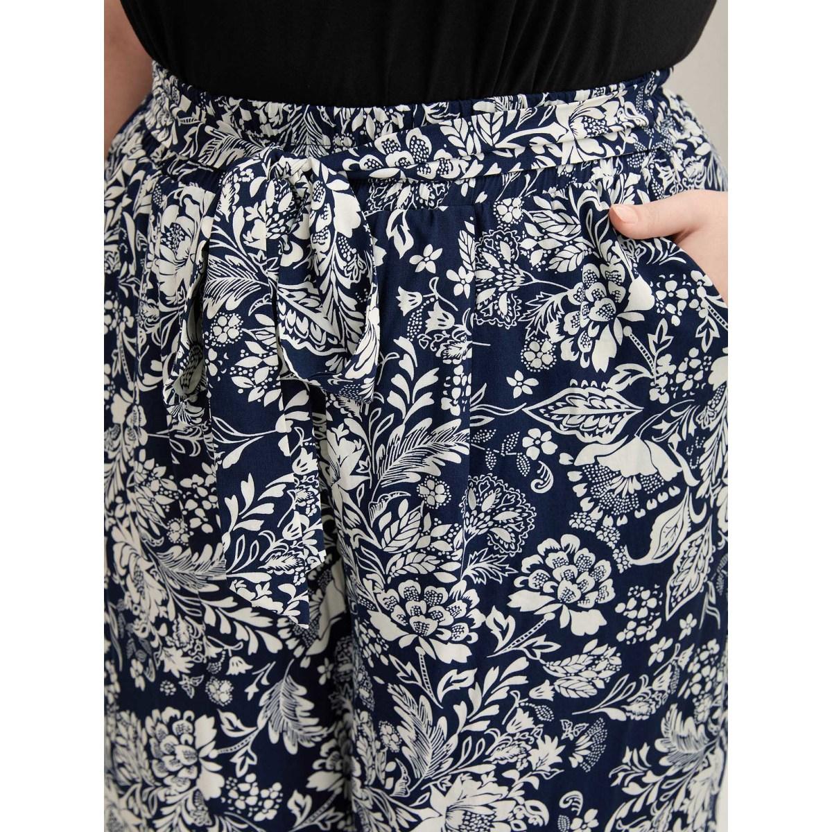 Plus Size Floral Print Waist-Tie Straight-Leg Pants Women Indigo Casual Wide Leg Mid Rise Everyday Pants BloomChic 14-16/1X Product Image
