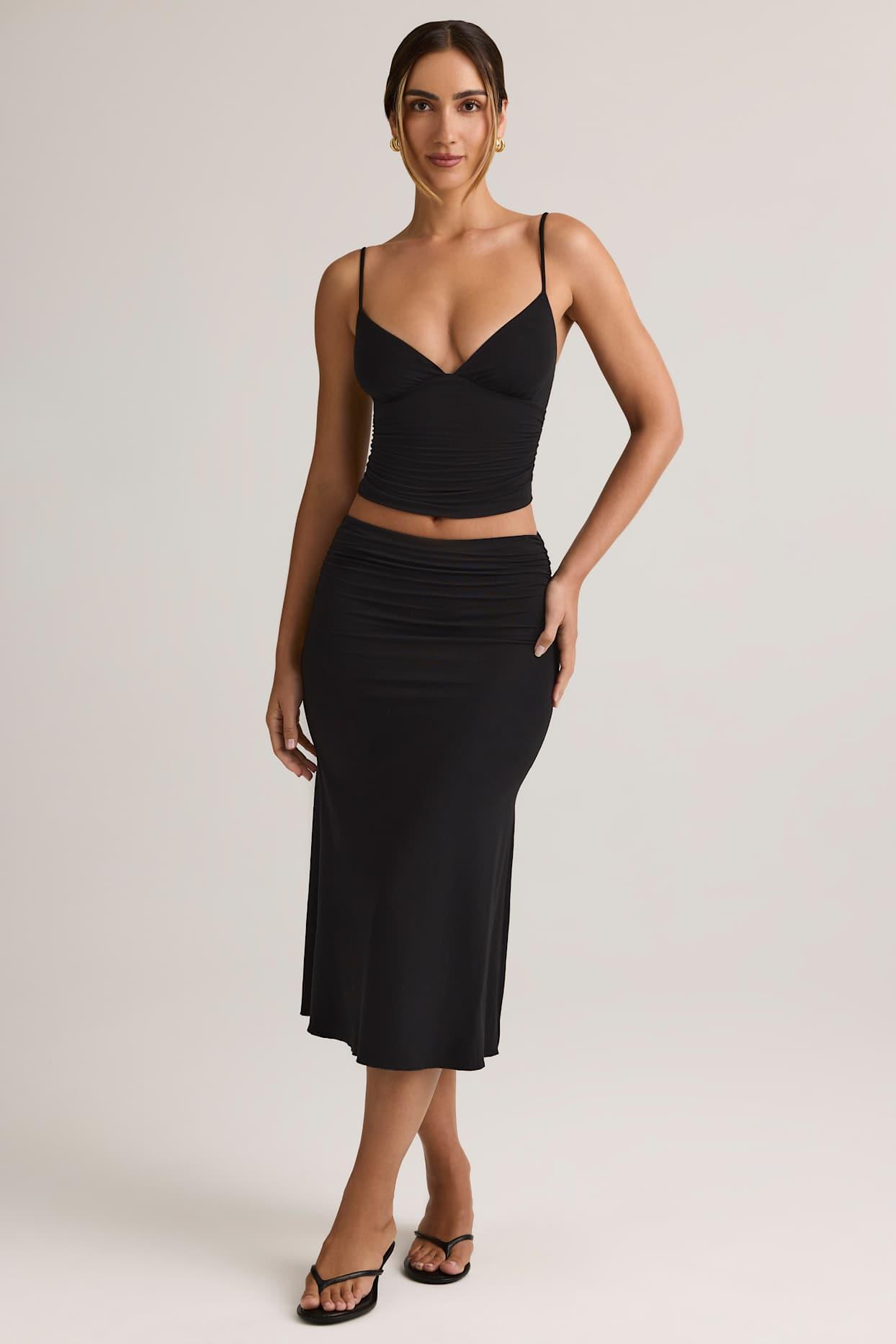 Modal Ruched Mid-Rise Midaxi Skirt in Black Product Image