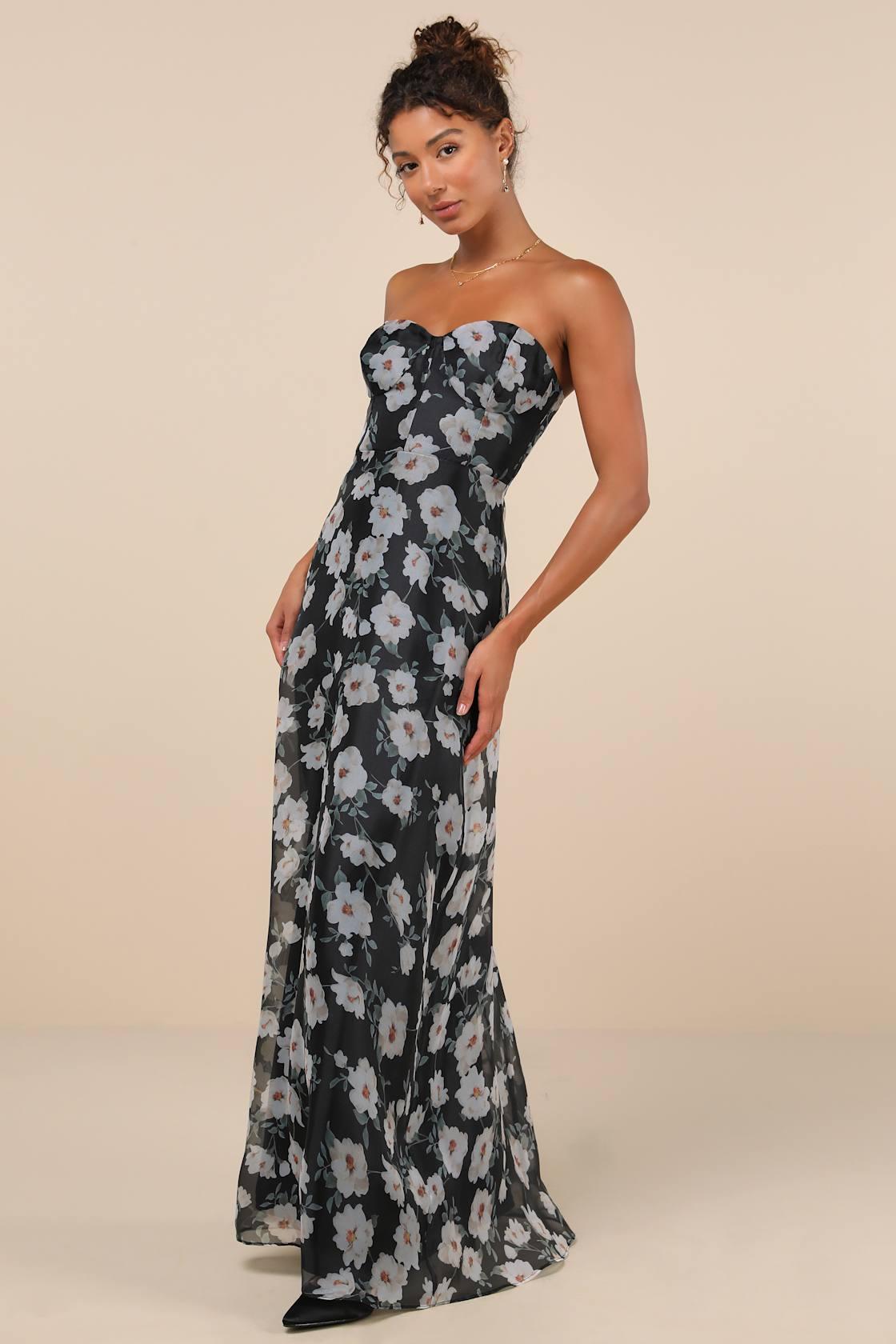 Chic Preciousness Black Floral Organza Bustier Maxi Dress Product Image