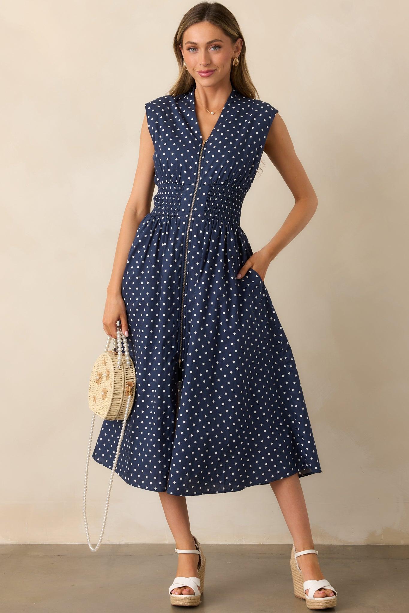 The Evette Navy Polka Dot Zip Front Midi Dress Product Image