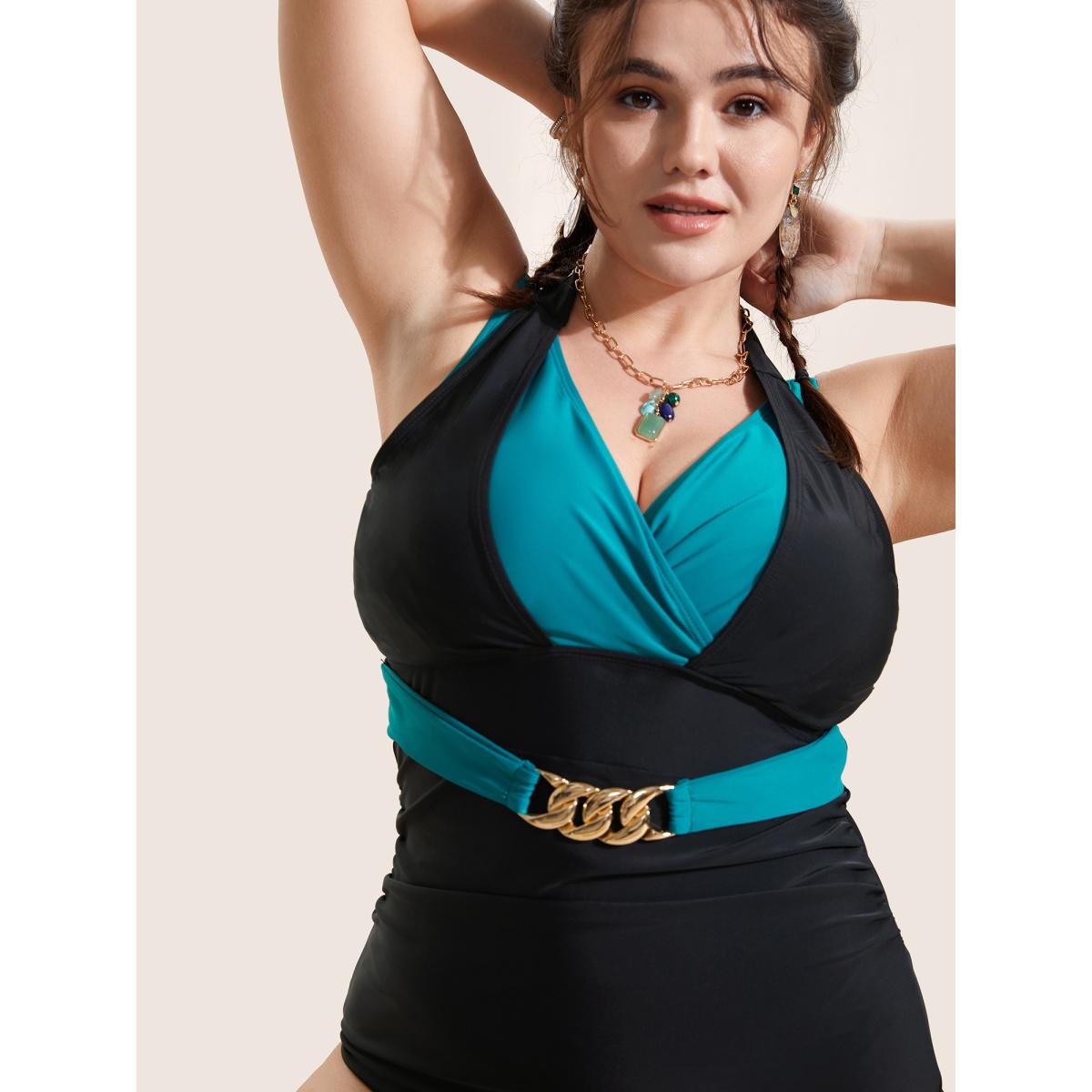 Plus Size Two Tone Metal Chain Detail One Piece Swimsuit Women's Swimwear Teal Beach Gathered Curve Bathing Suits High stretch One Pieces BloomChic 26/4X Product Image