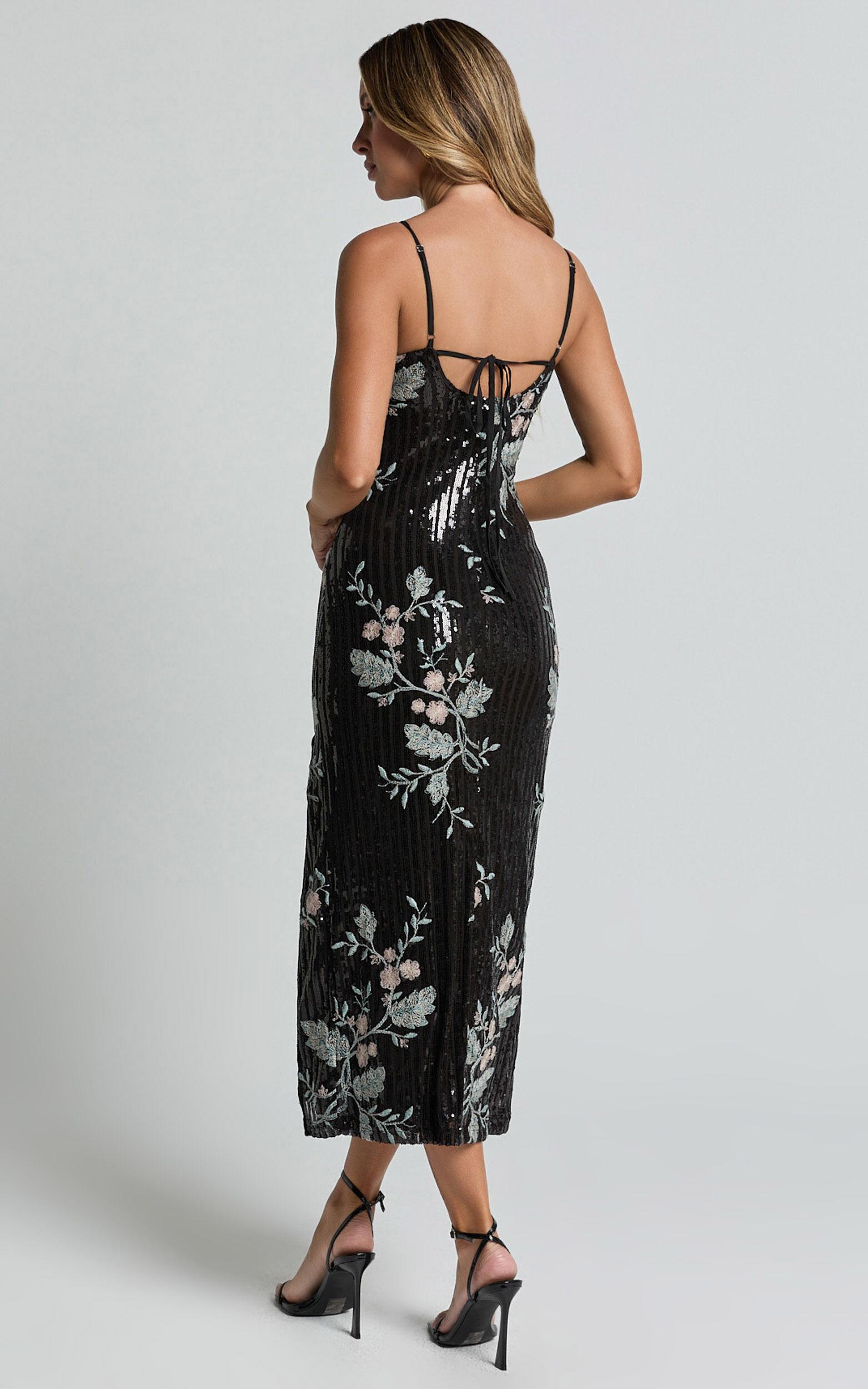 Adrienne Midi Dress - Sequin Embroidered Slip Dress in Black Product Image