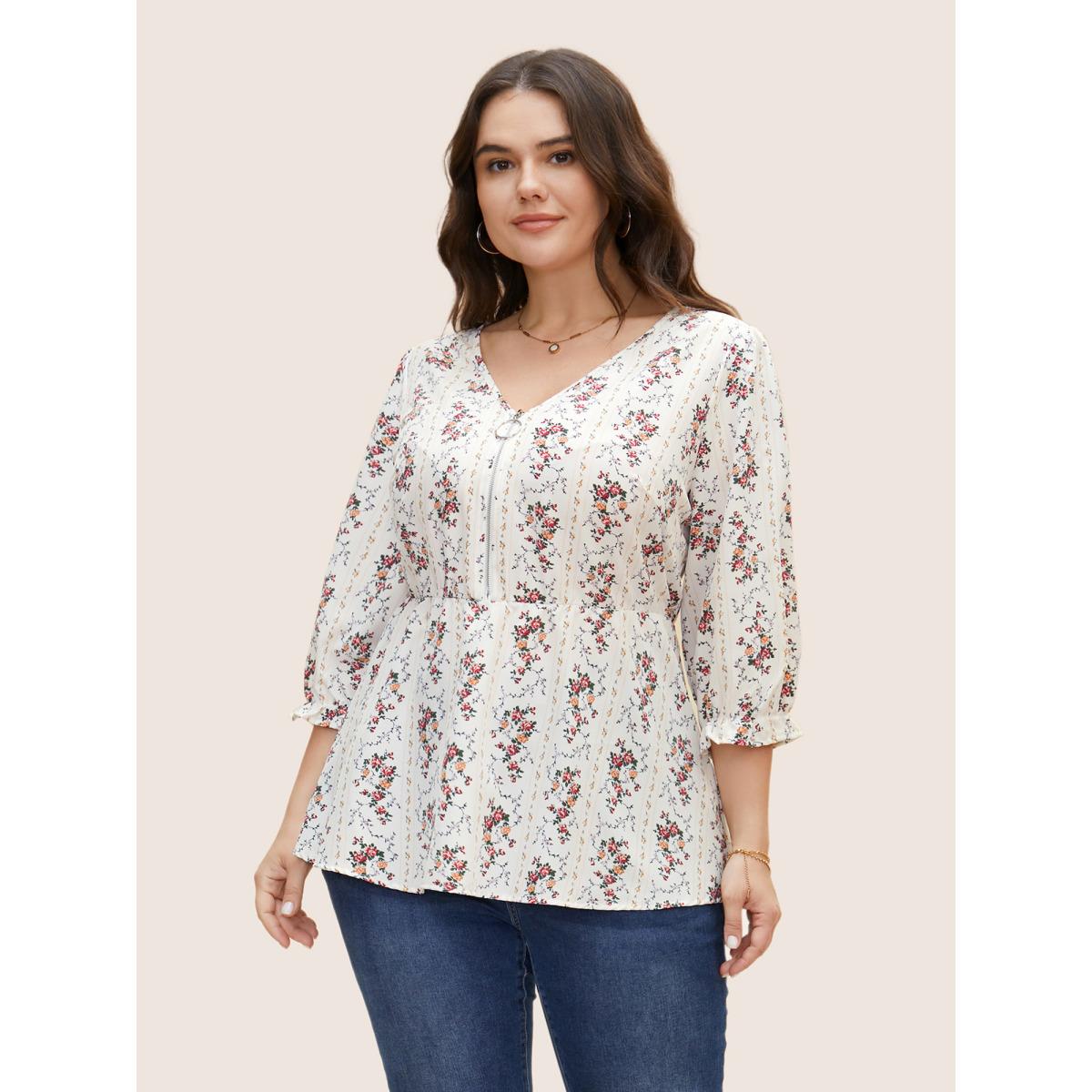 Plus Size Originalwhite Boho Print O Ring Zipper Lantern Sleeve Blouse Women Elegant Elbow-length sleeve V-neck Everyday Blouses BloomChic 14-16/1X Product Image
