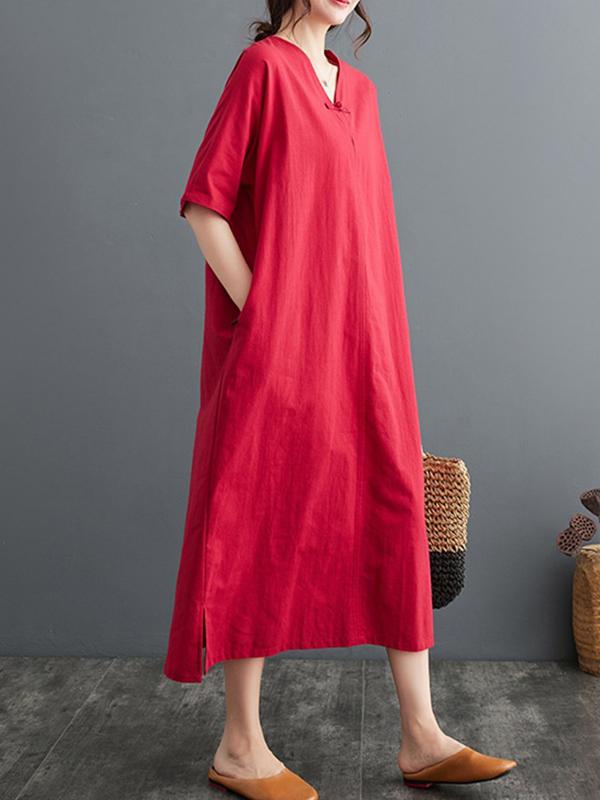 A-Line Loose Chinese Frog Buttons Pockets Solid Color Split-Side V-Neck Midi Dresses Product Image