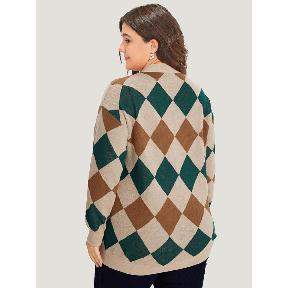 Plus Size Argyle Plaid Contrast Button Up Cardigan Multicolor Women Casual Loose Long Sleeve Dailywear Cardigans BloomChic 26/4X Product Image