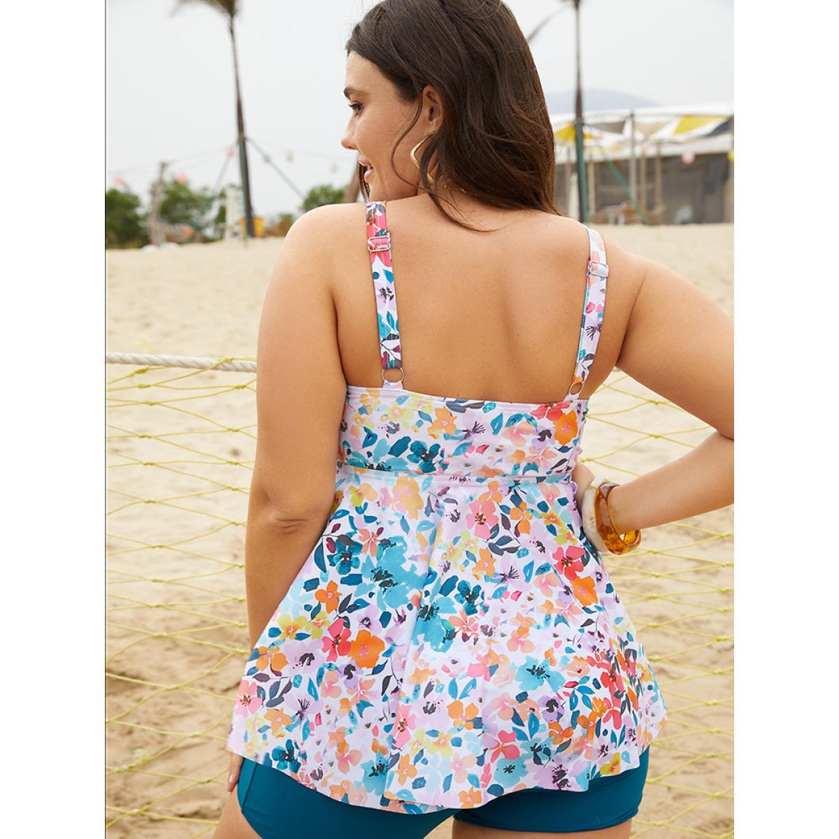 Plus Size Ruched Flutter Tiered A Line Knotted Tankini Top Women's Swimwear Multicolor Vacation Adjustable Straps High stretch Bodycon V-neck Curve Swim Tops BloomChic 10/M Product Image