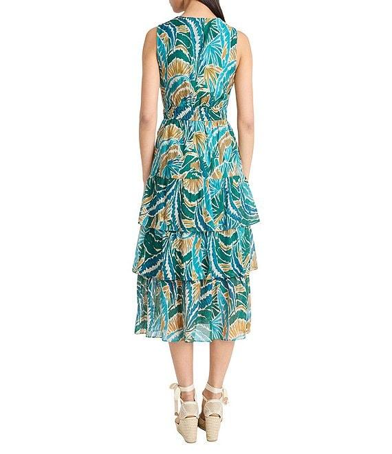 The Good Journey V-Neck Sleeveless Abstract Tropical Print Voile Tiered Voile A-Line Midi Dress Product Image