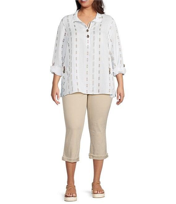 Ali Miles Plus Size Stripe Dotted Geometric Wire Collar 3/4 Roll-Tab Sleeve Tunic Product Image