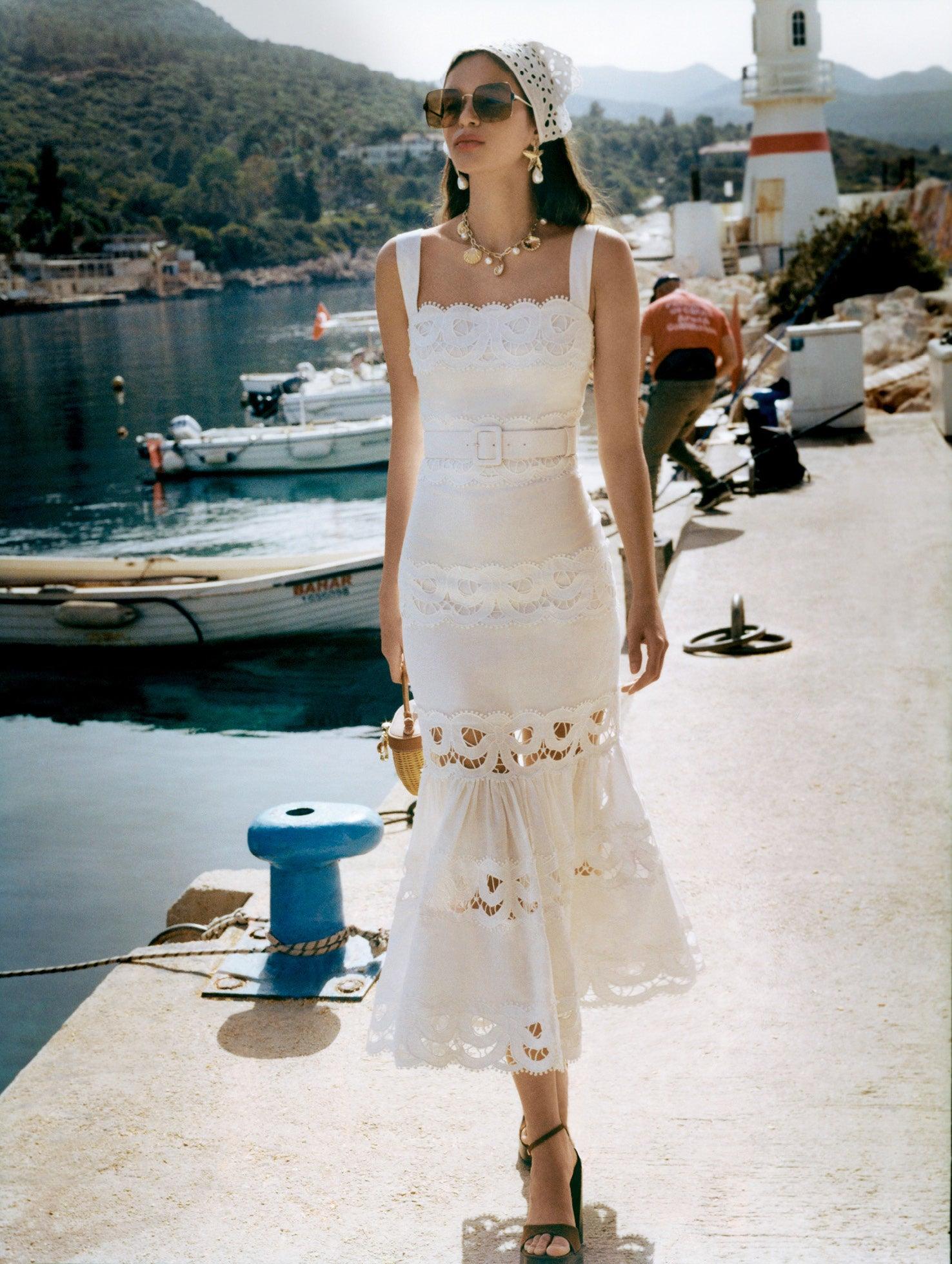 White Linen Lace Insert Midi Dress Product Image
